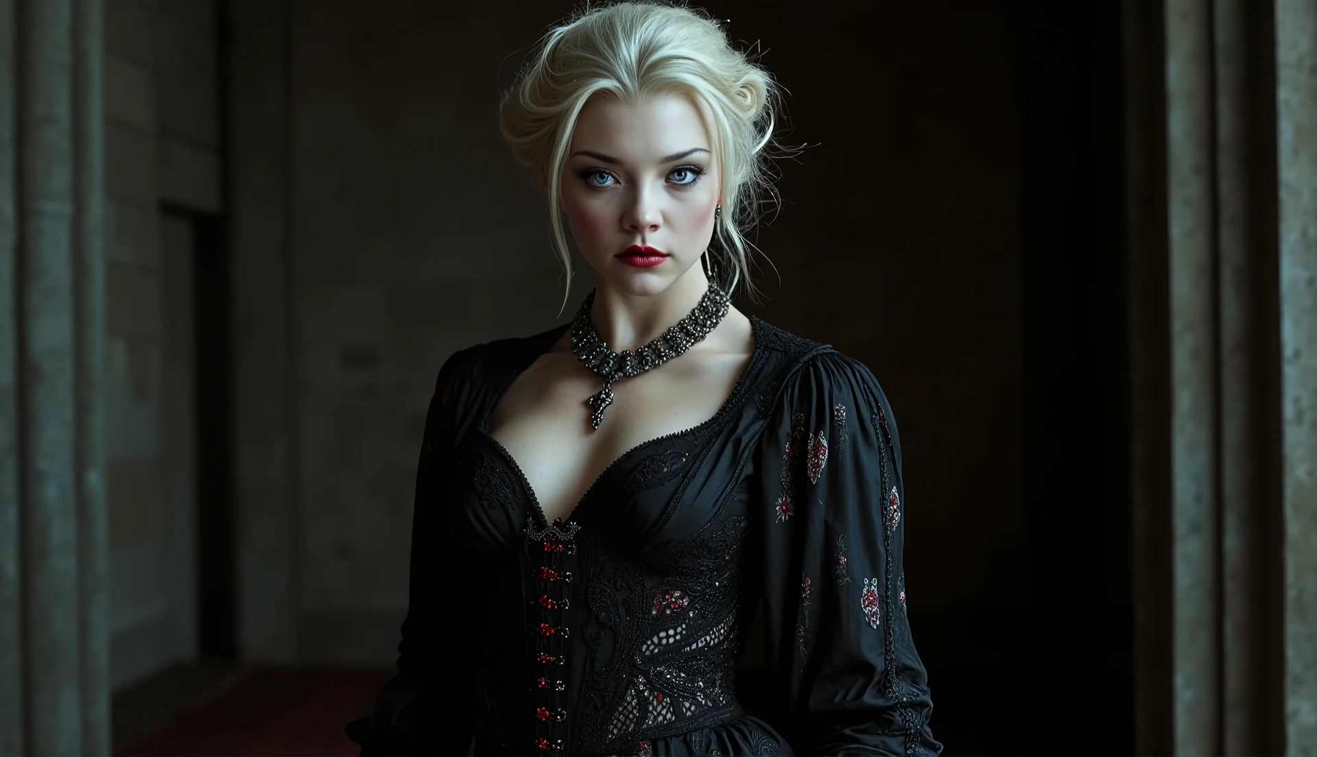 creat a realistic blonde Gothic Vampire Queen 40 years old full body portrait