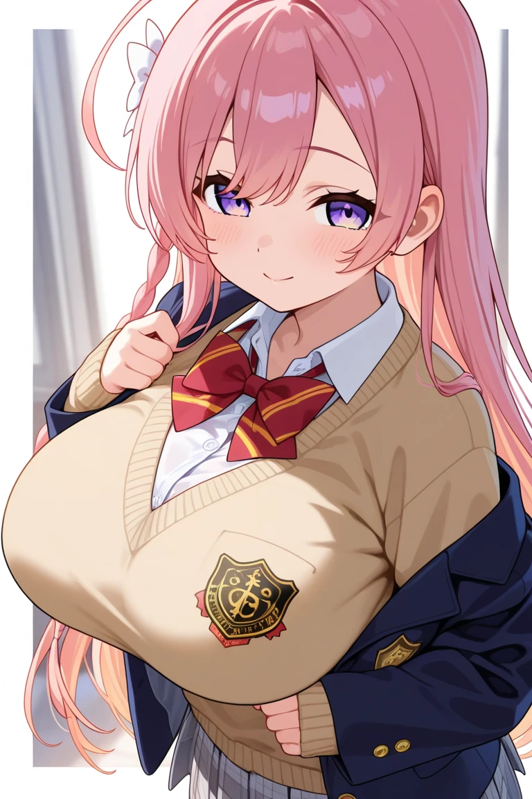 Minami_Fuyuki, 1 girl,Ahoge, alone, scarf, one eye closed, chest, pink cardigan, Jacket, cardigan, smile, purple eyes, skirt, red scarf, school uniform, blue nails, looking at the viewer, open your mouth, large chest,tongue, blush, blue Jacket, breathe, bangs, hair behind the ear, teeth, pleated skirt, very long hair, grey skirt, tongue out, blazer, (cleavage),(huge breasts,full bust,busty, Round breasts:1.2) ,(wide tits),Athletic breasts,slender, (Curvaceous physique) ,Skinny Body ,(toned stomach)
breath,sweat,wet,smirk,nose blush, heart-shaped pupils, frustrated,shirt lift,show off bra