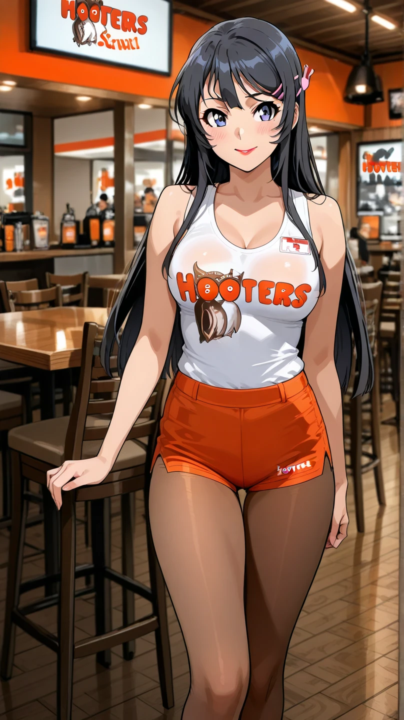 (((((Huge ass))))) Riley Reid and Lana Rhoades as sexy Hooters waitresses, skinny, slim thick, small waist, 8k, UHD, (curvy accentuated and lifted booty), smiling, at Hooter restaurant, in Hooters uniform