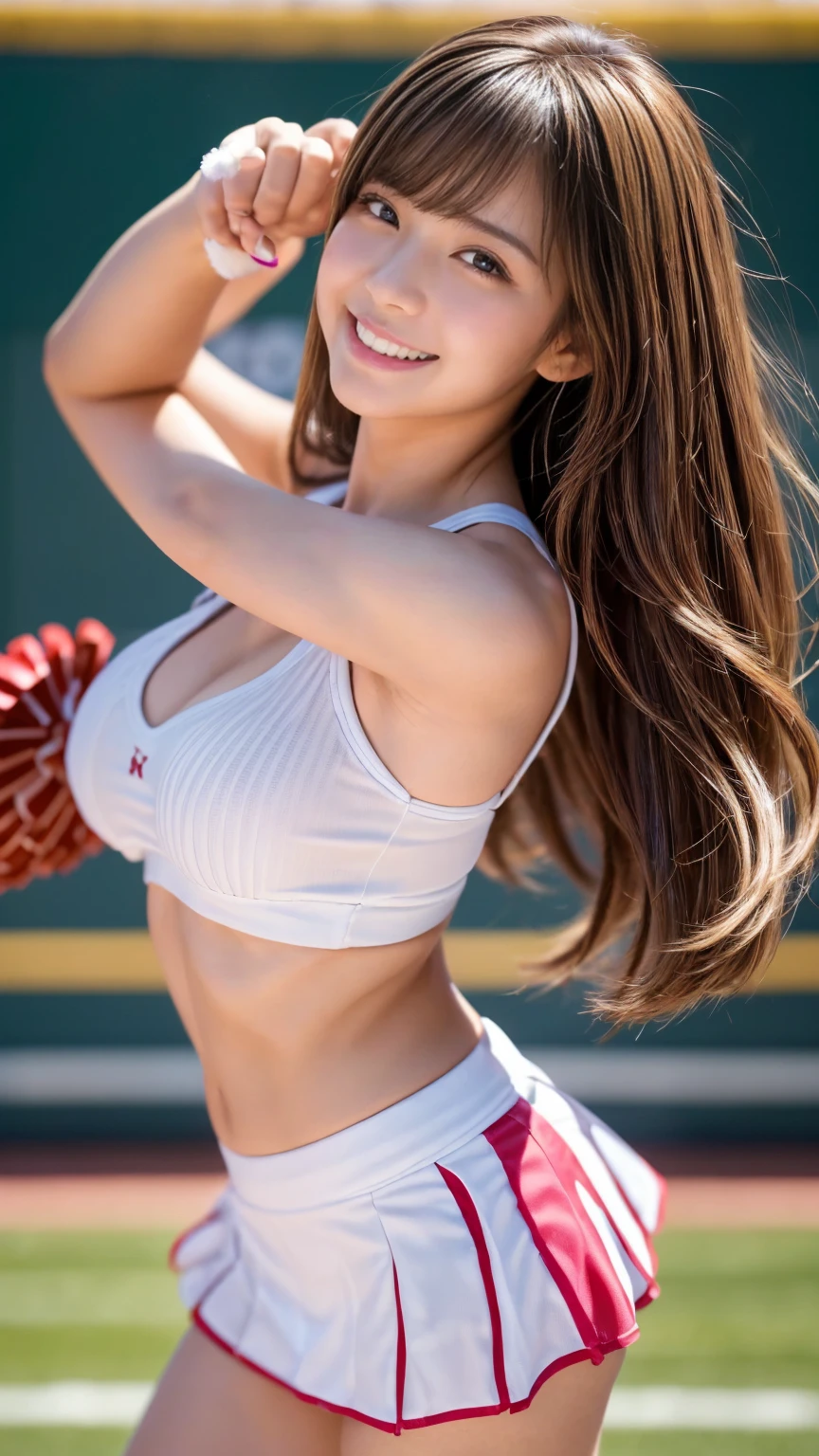 sharp focus,ultra detailed,brown medium hair,smile,haapy,(face focus,upperbody,close up:1.3),(saggy and gigantic breasts:1.2),(red logo printed cheer uniform),(armpit hair:1.1),cute japanese woman,(curvy female:1.2),in bedroom,(cheerleading:1.1),