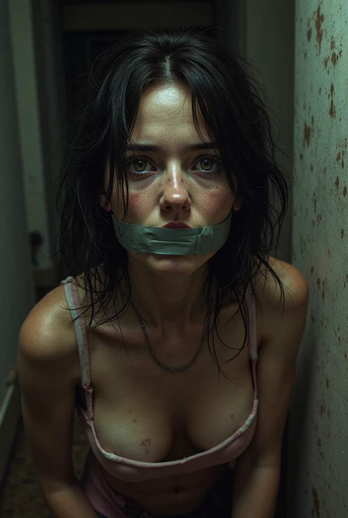 clothed woman tied up and gagged with tape over mouth