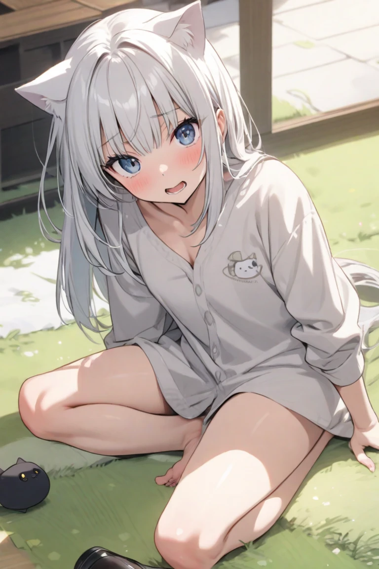 1 female, small teen cat girl, puffy cheeks, realistic lips oversized white t-shirt going all the way to the thighs, arms crossed propping up breast, hourglass figure, heterochromia eyes, cat pupils, flowy hair, white hair, annoyed, cat ears, in a cabin, best quality
