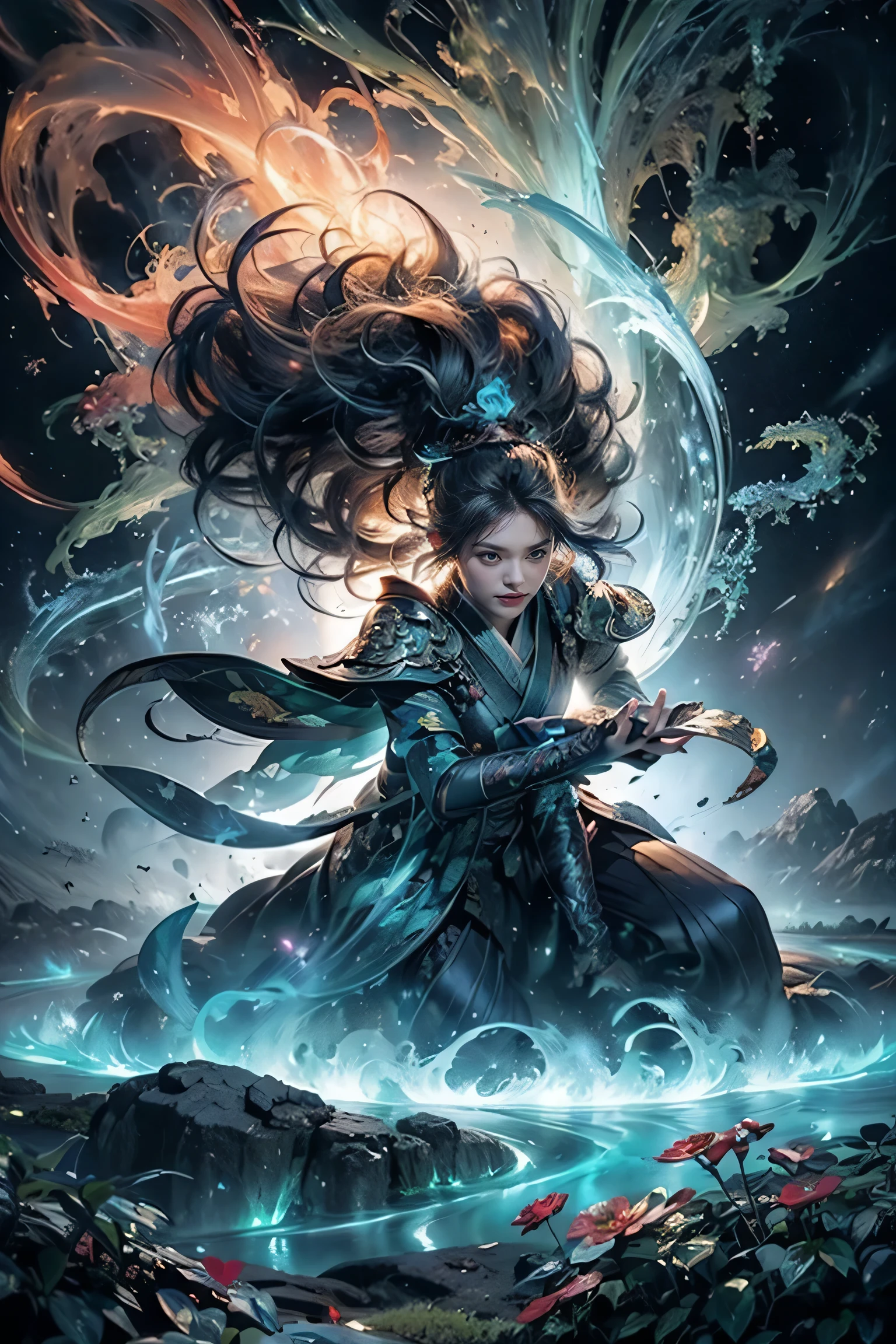 A vibrant, ultra-high-definition 8K portrait mural showcasing an imaginative fusion of nature and futuristic fantasy. The scene features a majestic phoenix rising amidst swirling cosmic clouds, vibrant flames, and shimmering stars, intertwined with lush, blooming botanicals and cascading waterfalls that blend seamlessly into the cosmic background. Intricate details of feathers, leaves, and shimmering effects emphasize depth and realism. The composition is dynamic, with bold colors, glowing accents, and a sense of awakening and rebirth. Designed in portrait format, emphasizing clarity, richness, and originality, with no existing repetitions.