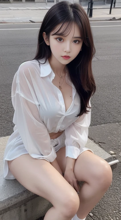 Close-up of a woman sitting on the side of the road without underwear on a rainy day