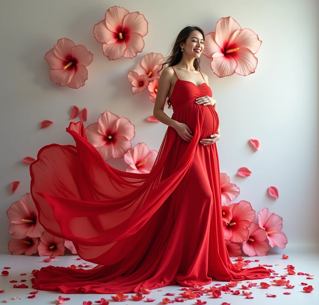 pregnant woman in red mesh see-trough dress standing in front of floral wall, maternal photography 4 k, floral painted backdrop, floral art novuea dress, lady with glowing transparent flowers dress, full body portrait painting, wearing a long flowery dress, flowing gown, wearing floral chiton, full body portrait shot, colorful backdrop, full body portrait, long luxurious flowing gown, beautiful gown