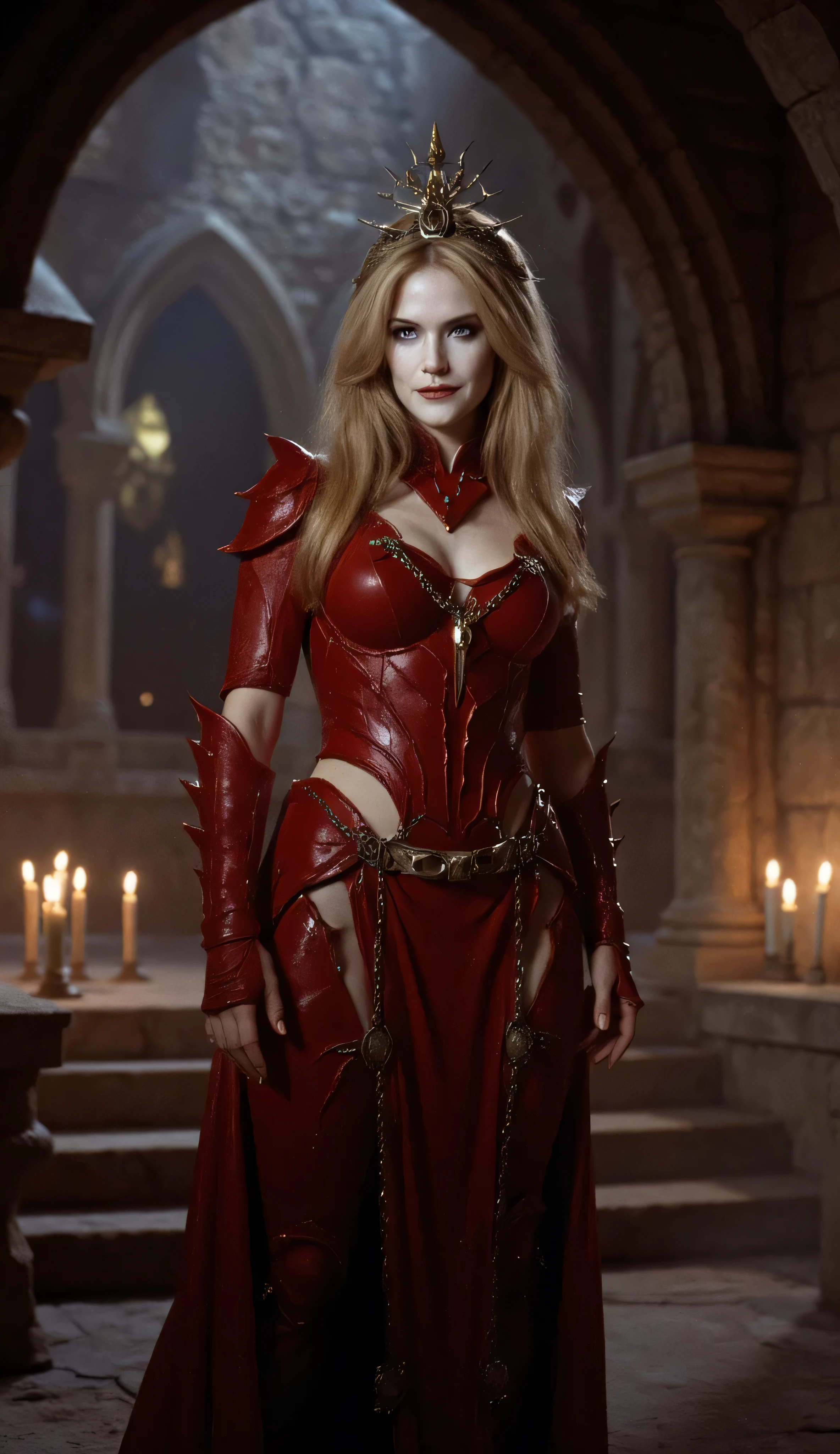Kelly Preston as Orin, Baldur's Gate, pale white skin with swirls, red body suit, dark fantasy vampire queen, standing confidently, dimly lit gothic dungeon, surrounded by flickering candlelight, flowing platinum-blonde hair, glowing eyes, dark makeup, body is adorned with a sharp organic crimson-and-black armor that looks like it's grown onto skin, jagged edges, chain details, powerful and seductive aura, sinister and commanding expression, spiked crown rests on head, stone walls, gothic arches, menacing atmosphere, dark fantasy, ultra-detailed, dramatic lighting, concept art