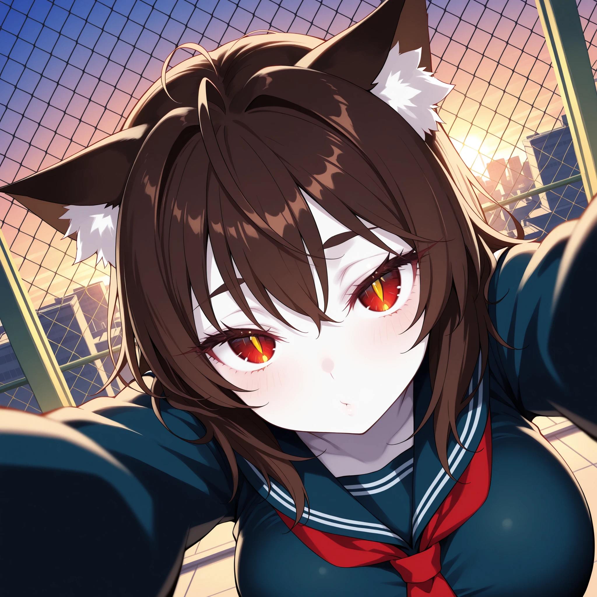 school rooftop at sunset, chain-link fence, glowing sky, distant city view, warm lighting, nostalgic atmosphere, dutch angle, soft depth of field, subject in sharp focus, looking up at viewer, face focus, pale skin, (solo, 1girl, nekomata, red eyes, dark brown hair, medium hair, cat ears, white fur inside cat ears), large breast, navy sailor uniform, long sleeves, white collar and tie, traditional style, leaning slightly forward, incoming hug, big eyes, half closed eyes, eyelashes, lower eyelashes, (((slit pupils, gold pupils))), shy, blash, puckered lips