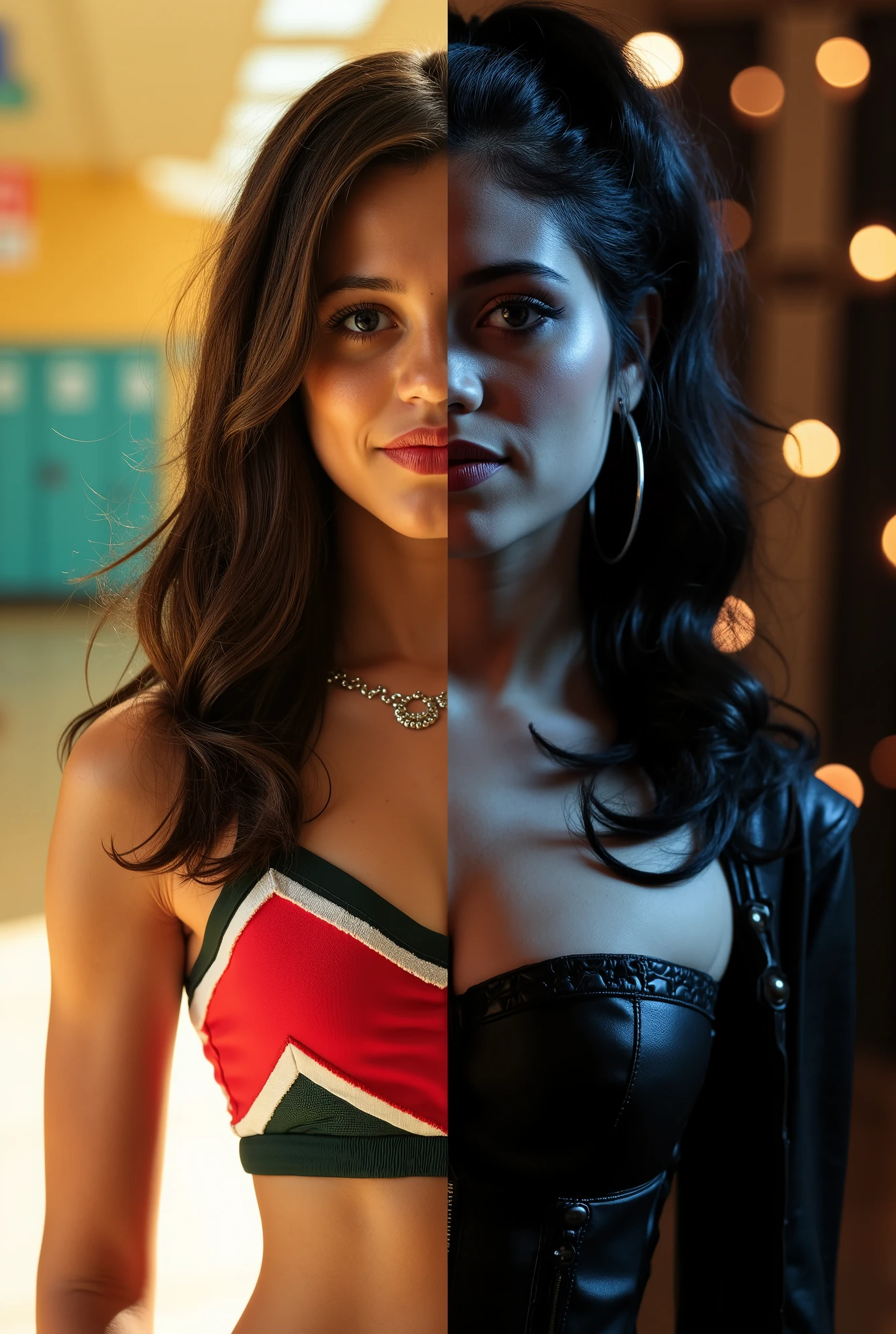 Generate a high-resolution, realistic live-action image of Jenna Ortega in a dynamic split-screen composition, showcasing her dual identities with a vibrant and striking contrast. Left screen: Jenna as a cheerful and energetic cheerleader, captured in a bright, sunny high school setting with lockers and banners in the background. She should be wearing a vibrant, tight-fitting cheerleading outfit with a pleated skirt, a crop top, and high ponytail, complete with pom-poms. Her makeup should be fresh and natural, with a bright smile and sparkling eyes, exuding youthful energy and enthusiasm. Right screen: Jenna as a mysterious and alluring vampire, set against a dark, moody backdrop with a dimly lit, gothic mansion in the background. She should be wearing a form-fitting, black leather corset with lace details, high-waisted leather pants, and heeled boots, with her hair flowing loosely and dramatically. Her makeup should be dark and dramatic, with smoky eyes, pale skin, and a hint of blood at the corners of her mouth, giving her a seductive and dangerous aura. Ensure both personas are perfectly recognizable as Jenna Ortega, with accurate facial features, including her dark, almond-shaped eyes, high cheekbones, and full lips. Use vibrant, contrasting lighting to highlight their differences and create a visually stunning image that emphasizes their dual identities. Make the transition between the two personas seamless and the overall composition balanced and remarkably eye-catching.