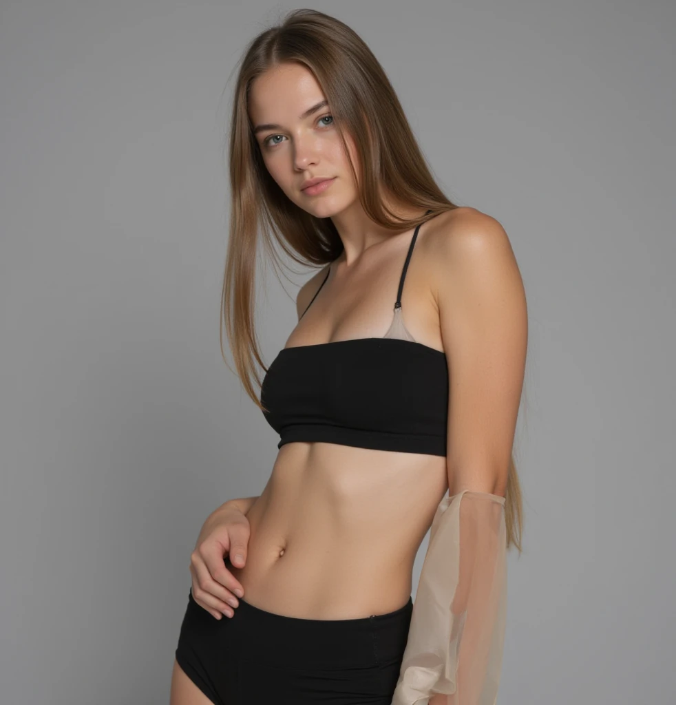 black pubic hair, front view, beautiful, completely naked very skinny russian girl 14 years old, bare thighs, earrings, in two color wrap top, stand in mix shoes heel, Arms crossed, white background, photorealistic