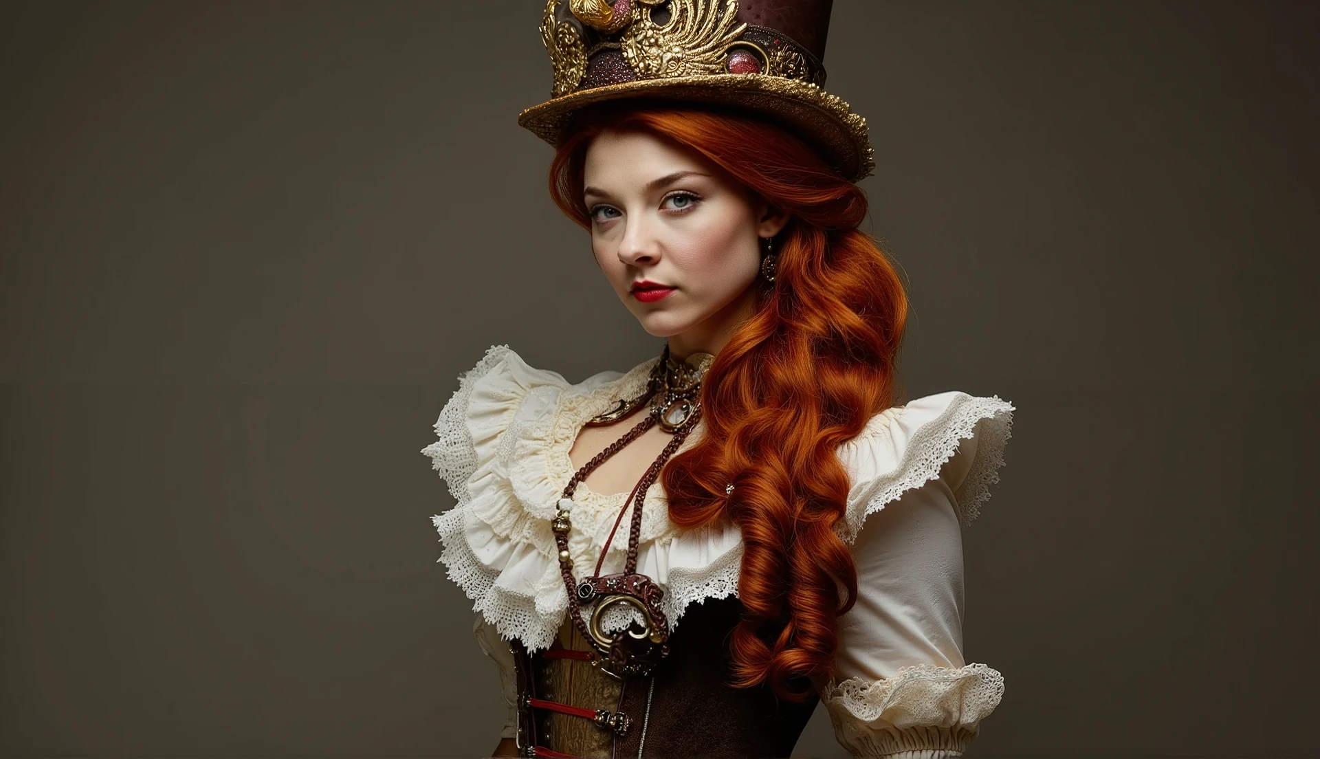 Create a photorealistic portrait of a stunningly beautiful red haired woman posing in a professional photo studio. She should be dressed in an intricately detailed steampunk outfit that highlights her beauty. The background should be plain to emphasize her and the outfit's details. The lighting should be soft and flattering, enhancing the textures and colors of the steampunk attire while capturing her captivating features.