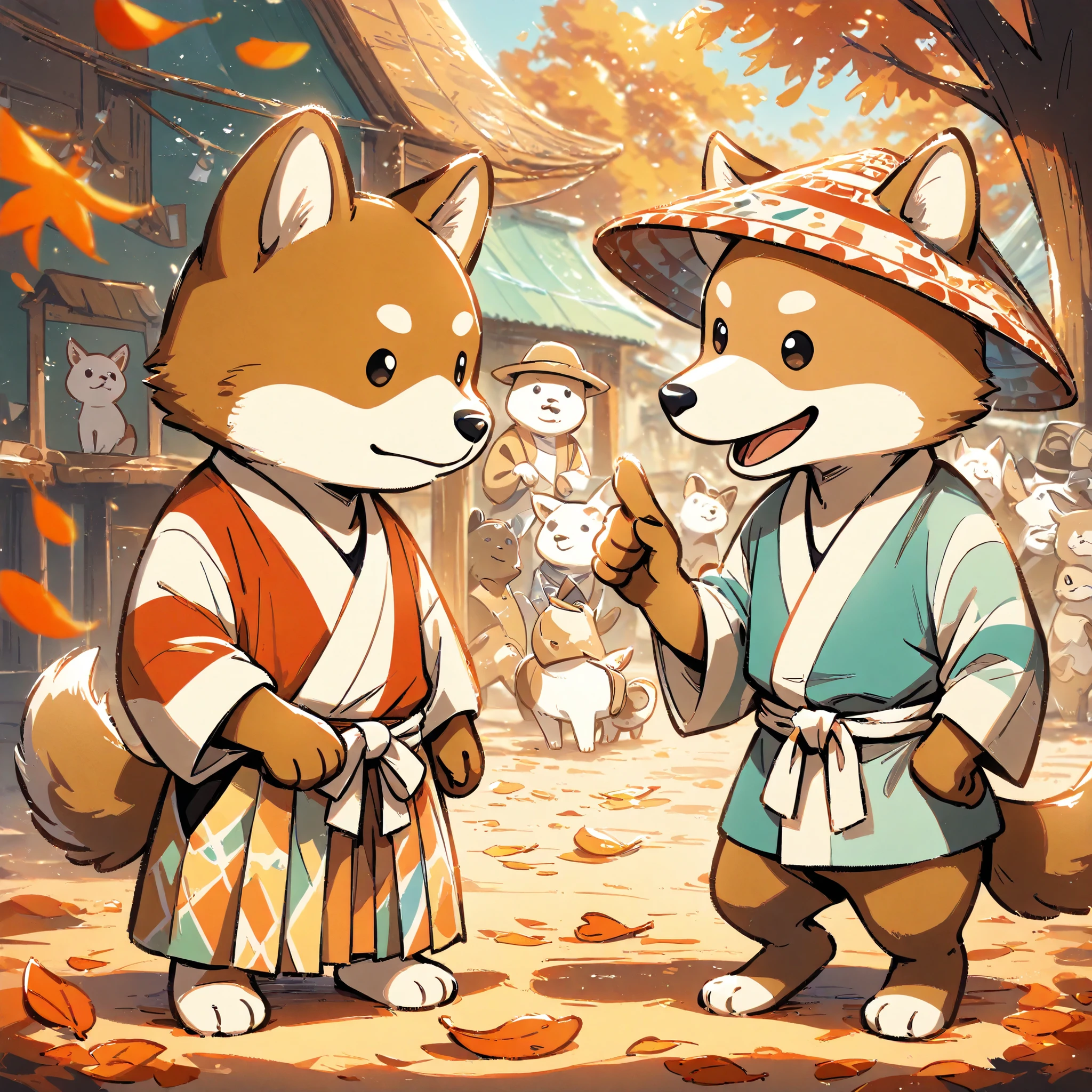 (masterpiece, best quality, ultra-detailed), a cute stylized anthropomorphic semi-human Shiba Inu with a rounded face, small black puppy-like eyes, short light brown fur with white markings, and symmetrical forward-facing ears, wearing a tidy autumn-colored hakama. He is standing near the side of a small outdoor stage set up in a quiet village clearing on the edge of town, surrounded by fallen red and orange leaves. In front of him, an anthropomorphic traveling performer in colorful clothing is speaking animatedly. Takeru listens intently with a puzzled but intrigued expression, his ears tilted slightly as he leans in, showing curiosity and deep thought. Behind them, a cheerful audience of anthropomorphic animals watches the stage, where a paper drama show and simple magic tricks are taking place. The golden afternoon sunlight casts warm tones and soft shadows, creating a festive yet intimate atmosphere. Full body shown, 1:1 aspect ratio, soft anime style, pencil-sketch reference for ControlNet.