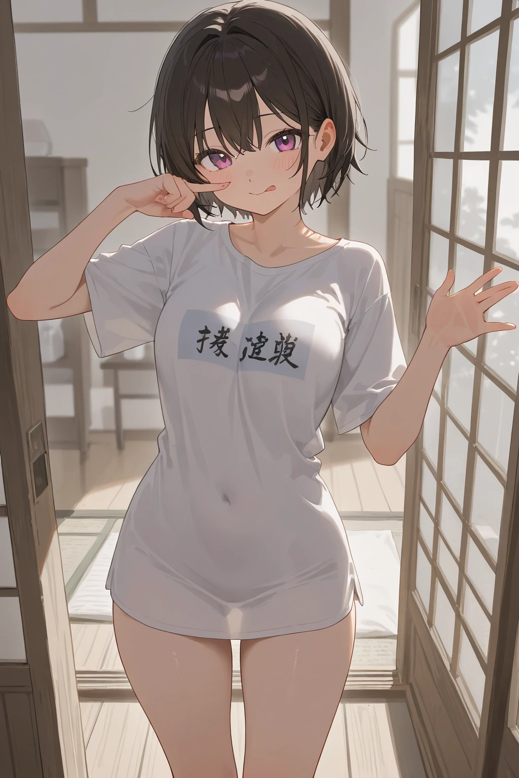 gym storeroom, shigure, ahoge, brown hair, blue eyes, braid, hair ornament, hair over shoulder, long hair, single braid, hair flaps, (masterpiece, best quality:1.2), illustration,8k,hd,long hair, single braid, clenched fist、white panties、white gym uniform