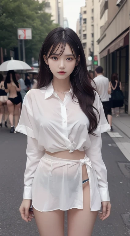 1woman, idol, long hair, brown hair, bedroom, 20 years old, see here, clothes wet, wet hair, white blouse, white miniskirt,