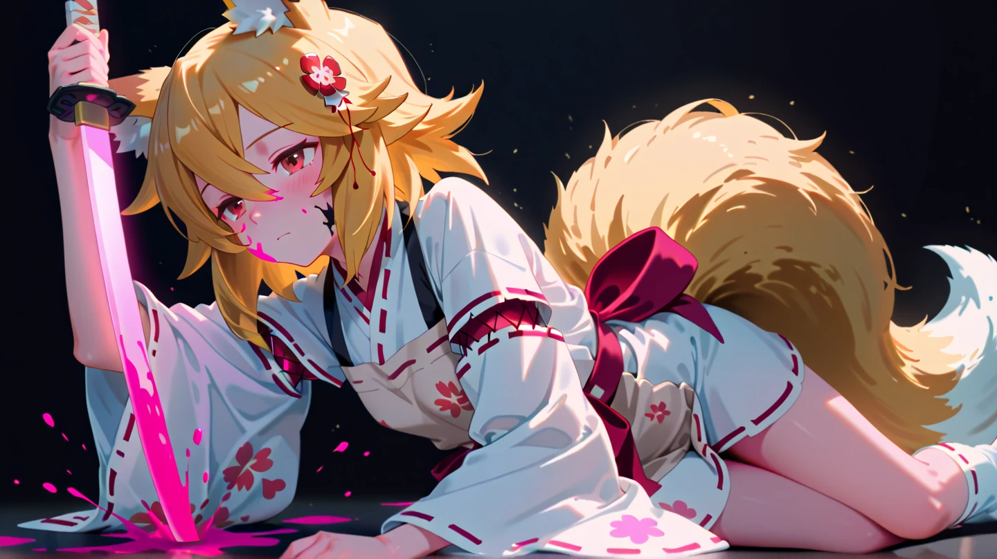 NSFW,masterpiece,Highest quality,High resolution,Super detailed,Sen、Blonde、Animal ears、Fox Ears、blush、Animal earsの毛、hair ornaments、Fox Girl、Hair Flowers、Hair between the eyes、Short Hair、Fox's Tail、tail、Flat Chest、Yellow Eyes、Young girl,Shrine maiden、kimono、Ribbon mesh sleeves,((Oho face)),Embarrassed,blush,Leg spread,excited,Estrus,orgasm,Trembling,(Climax),(Squirting),(Ahegao),Roll your eyes、squint,Middle-aged men,(Having intense sex),Insert,Creampie,shrine,torii