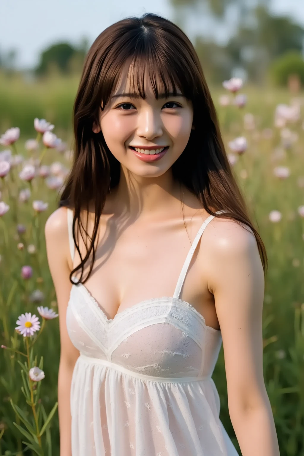 Best quality, masterpiece, ultra high res, (photorealistic:1.4), raw photo, 1girl, white dress, off shoulder, blossom flower field, glowing skin, light smile