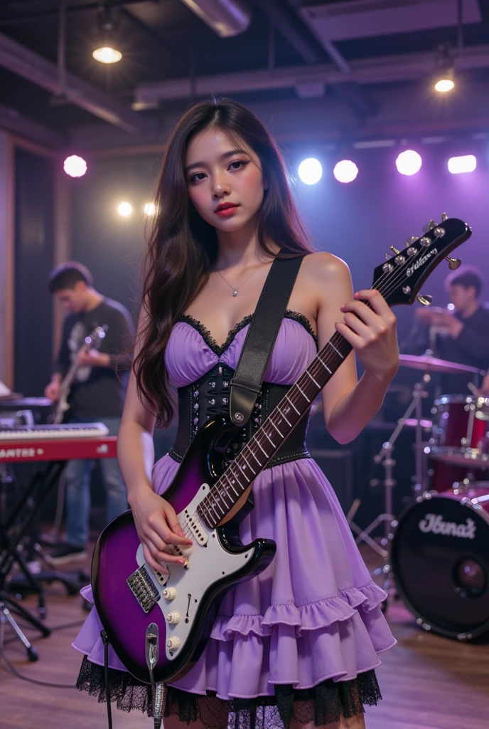 (best quality,4k,8k,highres,masterpiece:1.2),ultra-detailed,(realistic,photorealistic,photo-realistic:1.37),full body, single girl, idol, detailed eyes, detailed lips, slim figure, youthful appearance, confident expression, standing in front of the stage, playing pink electric guitar, black mini skirt,strappy high heel, revealing top, ample bosom, spotlight, vibrant colors.