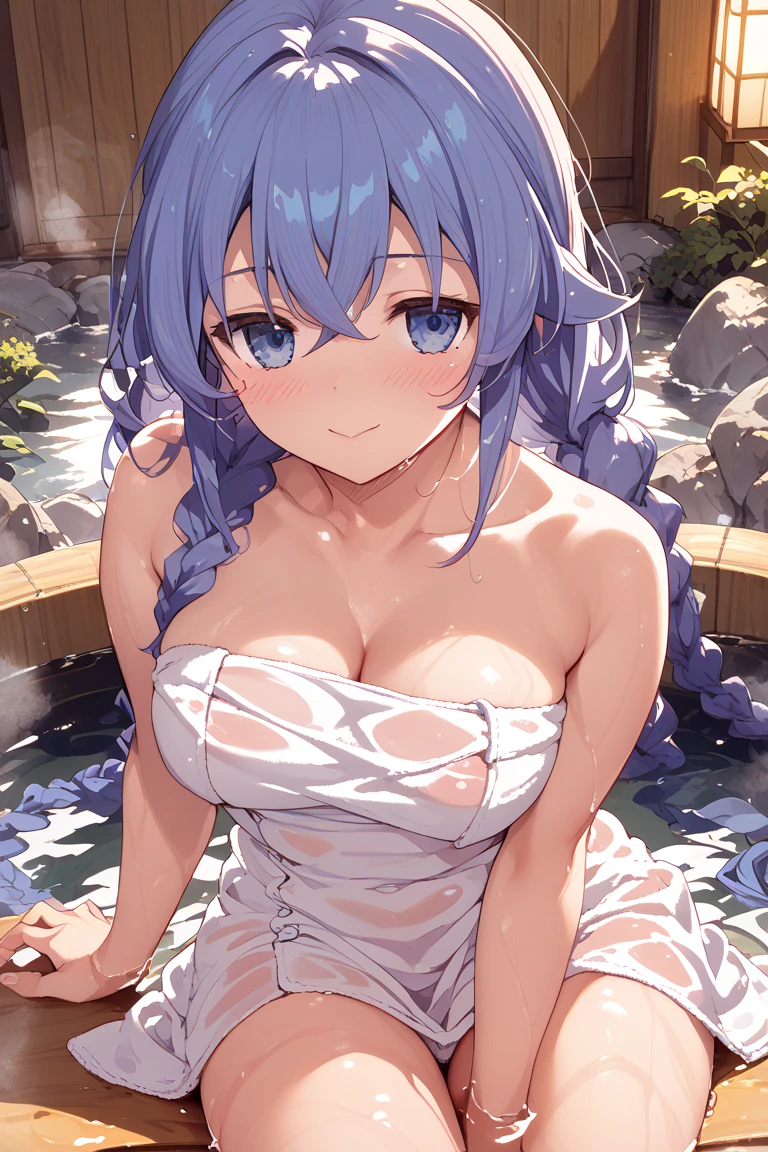 blue hair,purple eyes,black horns,long hair,(genshin impact),nsfw,Sweat,Wet,tits