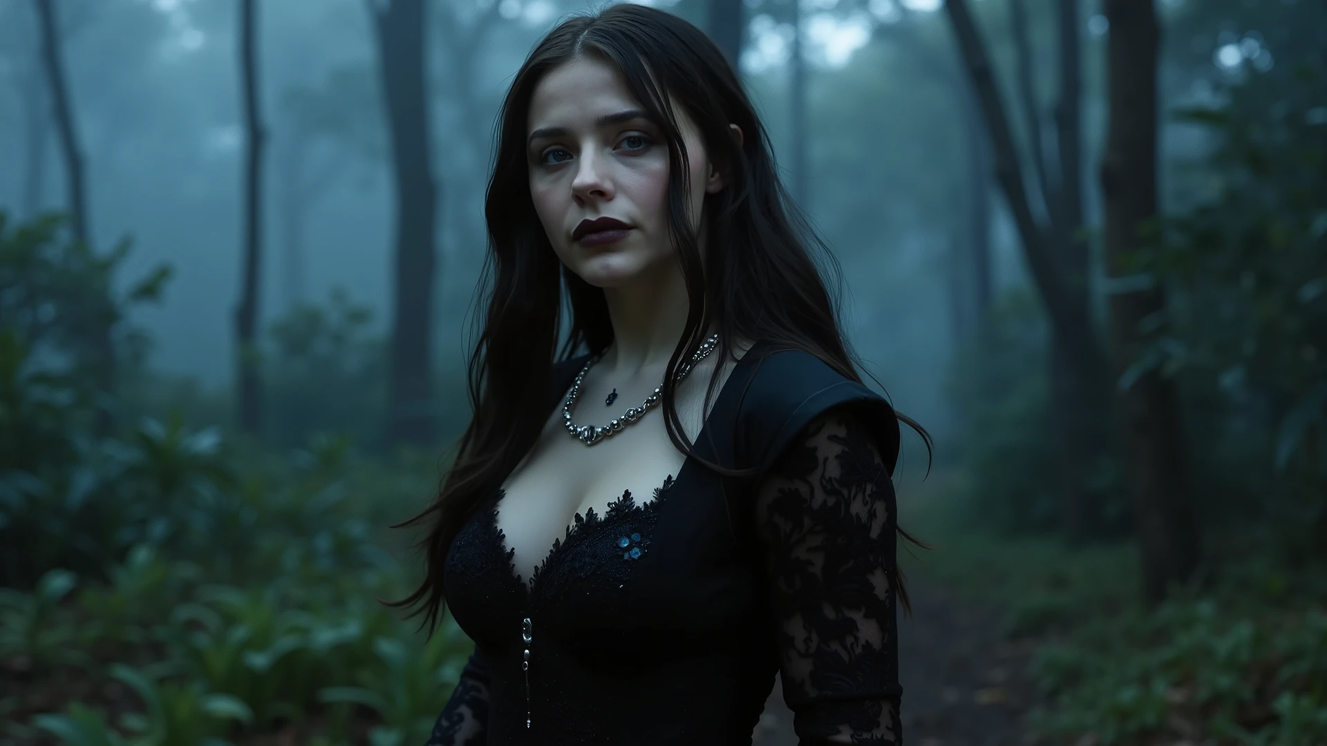 Ultra-realistic photo of Luna Valverde, a stunning 25-year-old woman with glowing blue eyes, with striking golden hair, her skin is glistening with sweat running down her legs from playing. Her hair looks wet from sweat and sticks to her body, in a Victorian gothic black lace dress, silver accessories, dark makeup, and long black hair, walking through a foggy forest at twilight.