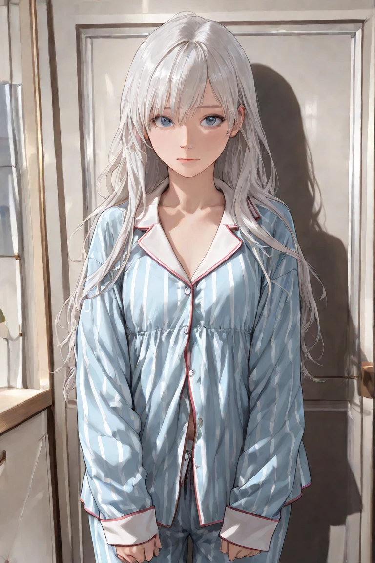 One Woman Man,Silver Hair,Medium Hair,Curly Hair,blue eyes,Wearing a white coat,White shirt,White long skirt,Health Room,School teacher,teacher,,Small ,Small breasts,,flat chest,clear,Sitting,bed
