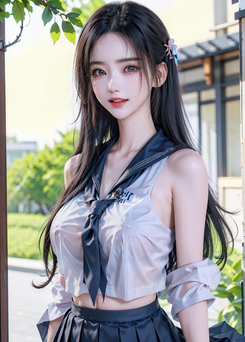 (front focus、perfect anatomy:1.5)、(Super detailed、16K quality、genuine skin: 1.6)、hyper genuineist、genuine.cinematic lighting、Portrait、highly detailed face、1 beautiful thai girl、 （Beautiful 14 year old half Thai/japanese girl、smile:1.3）（medium straight brown hair、Large slit eyes、eye shadow、eyeliner、green color contact lenses:1.5）flashy gal makeup（黒くsunburnした肌、black skin:1.8）sunburn、eyeliner、red lips.Break(Navy Blue Theme:1.4), (Hairpiece:1.3), (Short Sleeves (Navy Blue Sailor Uniform Top) with Double Breasted:1.4), (Double Breasted:1.2), ((Navy Blue Ruffled Tiered Super Long Skirt:1.4), ((White Scapular, White Needles):1.3), （necklace）( Very Detailed White Embroidery:1.3), (barefoot:1.3), BREAK（perfect anatomy）(Wet and transparent clothes:1.4)（Summer sandy beach海岸、sunset）（splash、splash of water）（Crouching model pose:1.3）Summer sandy beach、sunset visible from the horizon