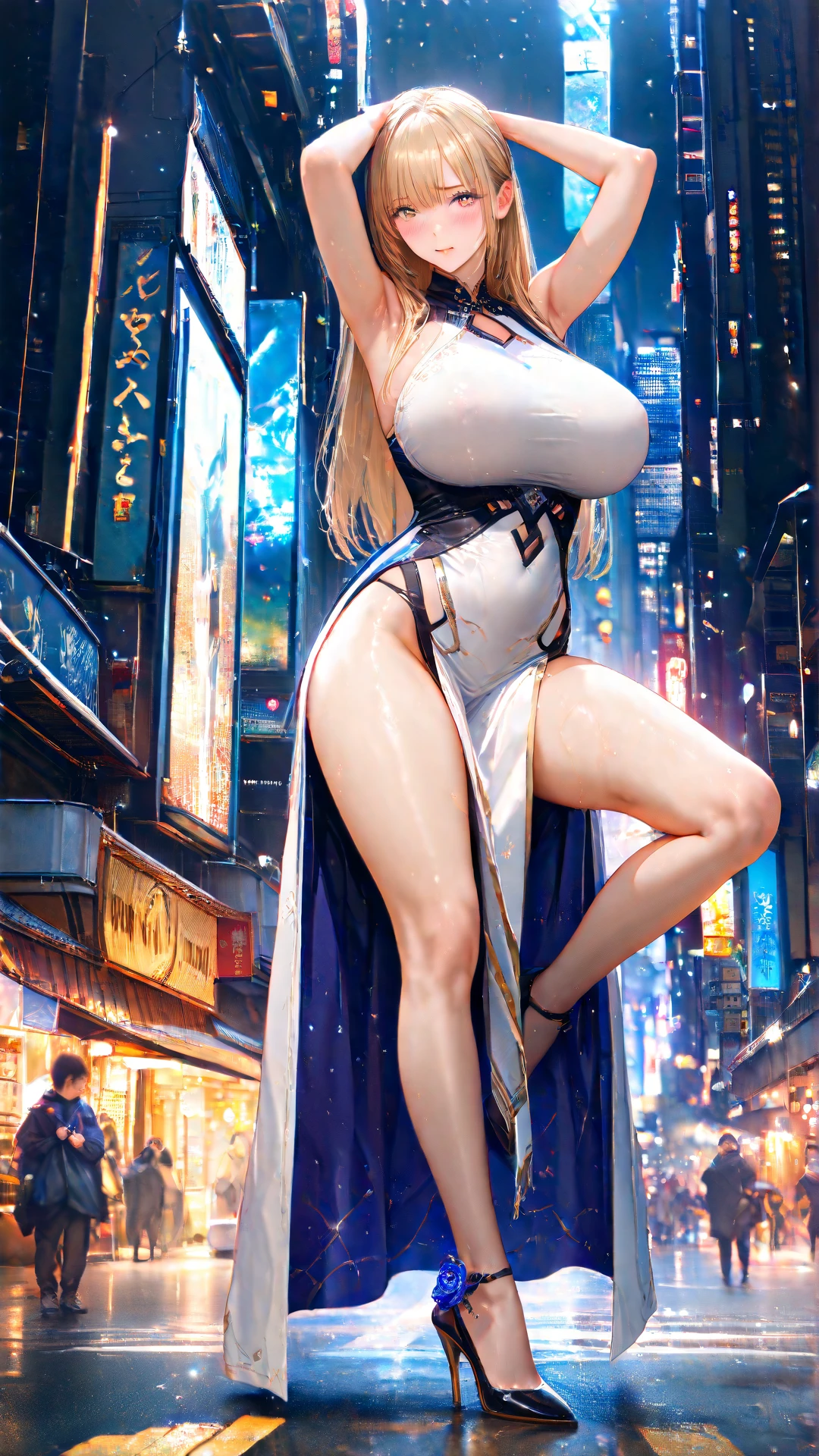 (((Highest quality))),(((超detailed))),(((masterpiece))),figure,Extreme detail,超High resolution,最大detailed表示,Hyper Detail,Clear detailed,Great quality,Super detailed,can't believe it,High resolution,16K,detailed,Most authentic,Shiny solid color,(((cyber punk))),Outdoor,Neon night view,Shinjuku,(Surreal),((masterpiece, Highest quality, Extremely detailed CG, unity 8k wallpaper, Cinema Lighting, )),(((NSFW))), Attention to detail, Golden Ratio Perfect Body, wear (Tight swimsuit:1.2), 美しいAttention to detail顔, Hazel Eyes, White,50 years old,Blonde woman,Swept-apart bangs,Delicate depiction of hair,(Attractive fitness woman:1.3), (Frustrated face:1.2), (blush:1.1), Exposing shoulders, (Exposed arms:1.2),Sweaty,((Sweat pours down)),((Beautiful sweaty armpits)),((Slimy and shiny armpits)),Mature women showing off their armpits,A mature woman full of pheromones,Hourglass-shaped body shape, Sequined Micro Mini Dress,Very big round breasts,(((Beautiful Abs,Beautiful cleavage,No sleeve,Sexy thighs,Protruding nipples,beautiful pussy line)))Ultra-fine high-leg, (Long Hair),ダークcyber punk,(((cyber punkな夜景))),Spread your legs wide,Spread your legs,Sitting and stretching out his legs,Accentuate the crotch,incontinence,(((Urinating))),A large amount of liquid flows out from the groin