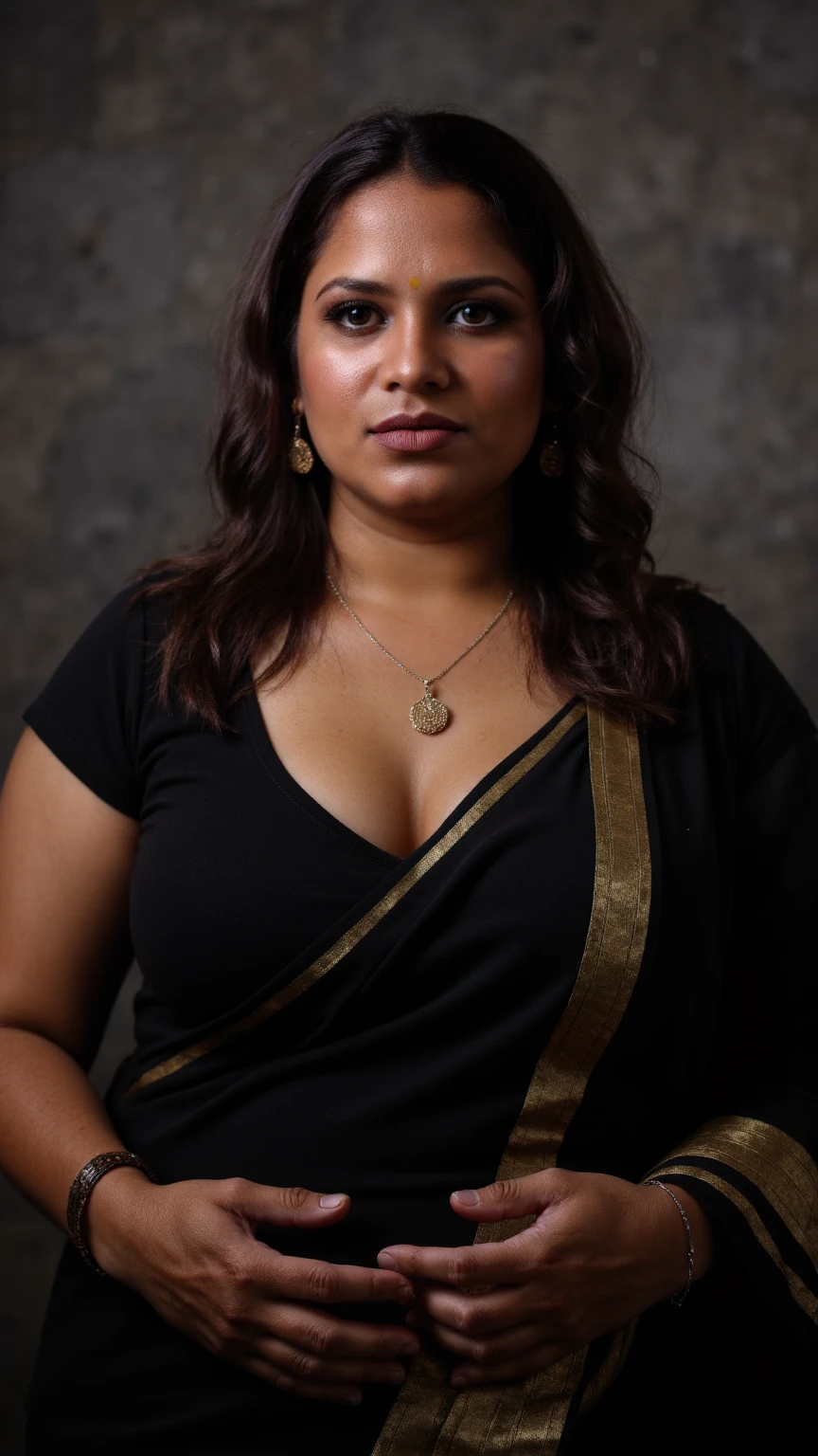 Looks like Nayanthara, a photo portrait of a beautiful girl 50 years old, mommy figure, fleshy figure, with curls, mature beauty, styled black hair, (face portrait:1.5), dramatic light, Rembrandt lighting scheme, bust shot, linen tank top , top quality editorial photograph, skin texture, skin pores, chocolate skin, high quality skin, top quality photography, professional photography, professional retouching, insane detailing, warm moody tones, modern clothes, highly detailed armpits,