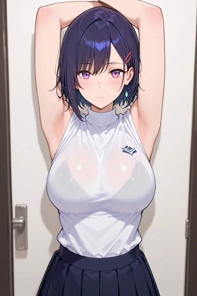 gym background、Super detailed illustrations、seductive smile、masterpiece、highest quality、ultra high resolution、high resolution、(Sweat、body fluid)、shiny skin、black hair、very short hair、color red eyes、white croptop turtleneck、sleeveless、Standing picture、hot pants、put hands behind head, armpits, armpits visible, very large breasts, looking at viewer