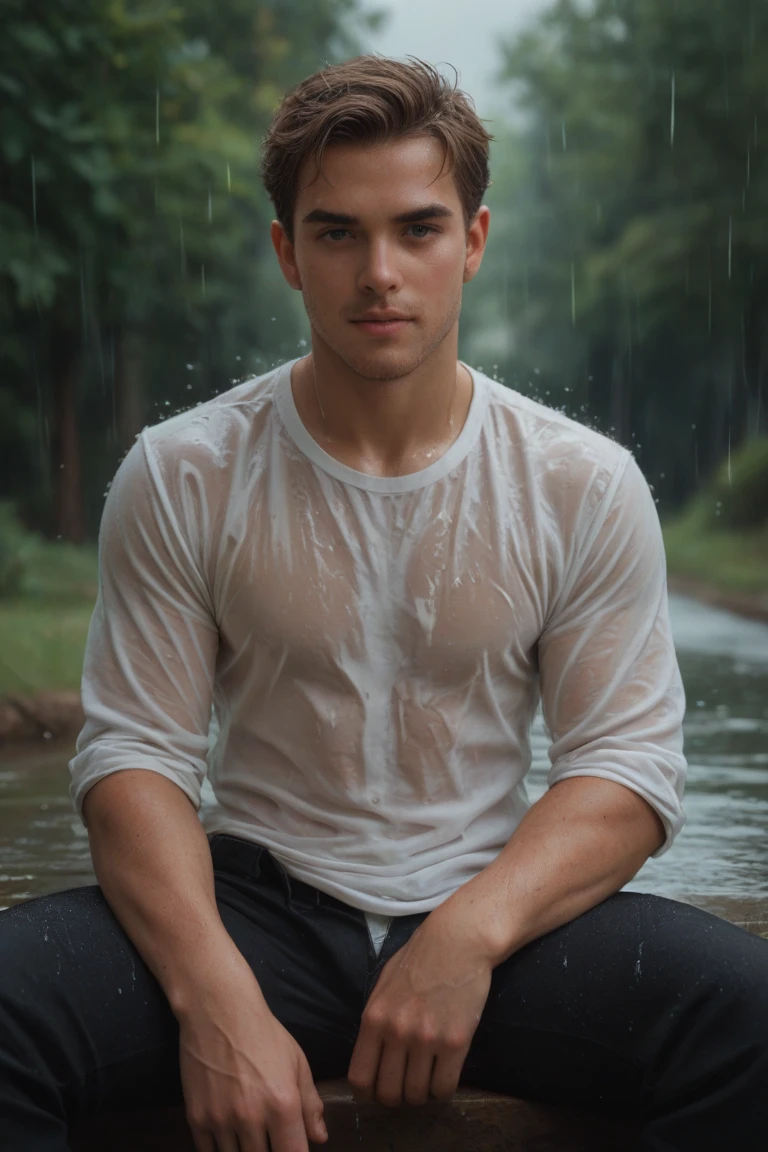 portrait of pietroboselli person, (transparent see through long sleeve button up shirt with a hood:1.2), professional photography, high resolution, 4k, detailed photo, penis, (slightly wet:1.5), light, daylight, light on face, looking at viewer, coy smile