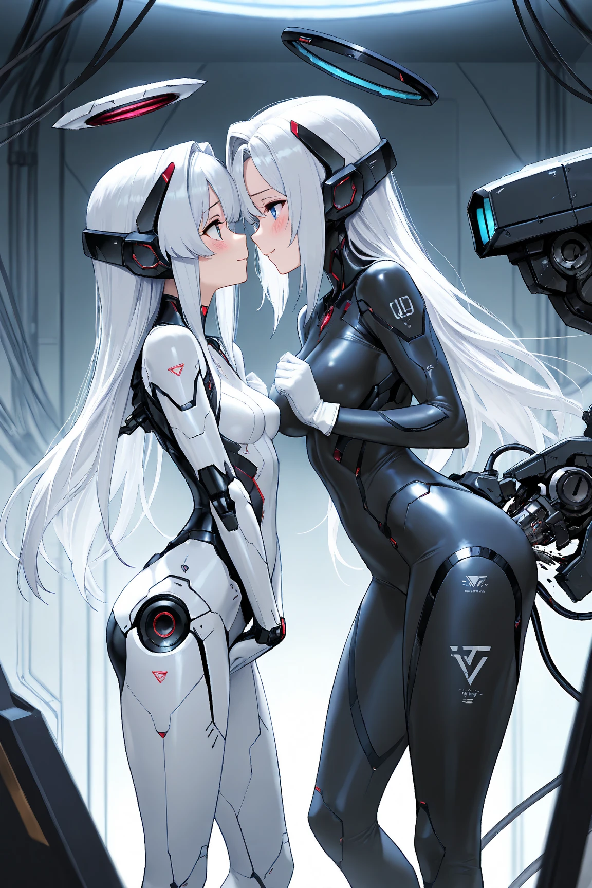 ((Masterpiece, top quality, high resolution)), ((highly detailed CG unified 8K wallpaper)), (huge stunning goddess shot, very hot and sexy, jaw-dropping beauty, perfect proportions, beautiful body, slim body beauty:1.1), cryptic girl, (2 Girls ,Black clothes, White clothes, Black short Hair, silver long hair, fight side by side), (A girl with long silver hair in a braid and short black hair), biomechanical breastplate, cybersuits, wearing shiny breastplate, shiny plastic armor, cyberpunk, long white_gloves, shiny hi tech armor, black-white skintight suits, wearing techwear and armor, black shiny armor, Armor on bare skin, long gloves, Bare shoulders, black miniskirt, thighs, shiny armor, dynamic pose. two girls hugging in locker room,