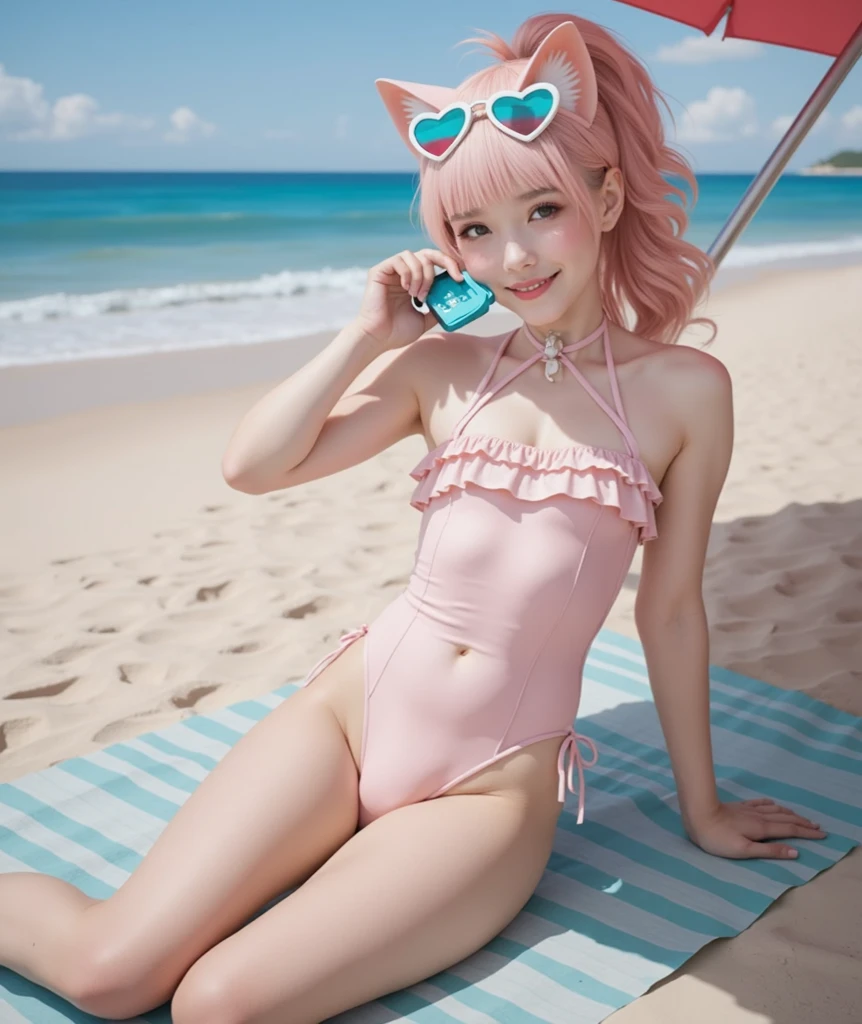 hawaii、Waikiki、the beach、Gravure photography、Realistic rabbit ears、rabbit ears sticking out of the head,、Pink hair、Pink rabbit ears、1 girl in、独奏、pink hoodie、​masterpiece、top-quality、realisitic、Hyper-detailing、(Glossy skin、be sweaty:1.4)、absurderes、Looking at the camera、short pink hair、Brown-eyed、Slender beauties、动态照明、hight resolution、foco nítido、depth of fields、Detailed eye、Sharp eyes、Realistic eyes、(thick thight:1.0)、Beautuful Women:1.4、Slender Abs:1.2、((Short-cut bob hair))、((small tits:1.4))、((k pop:1.3))、((The bikini))、Highly detailed facial and skin texture、((the pose))、((魅惑的))、Anatomically correct number of fingers、Correct anatomy、
