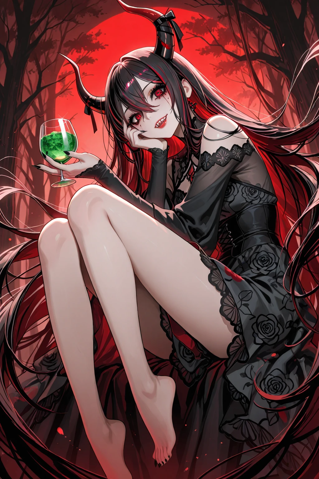 A vampire woman, with long black hair and red highlights, drinking wine. Dark anime style image.