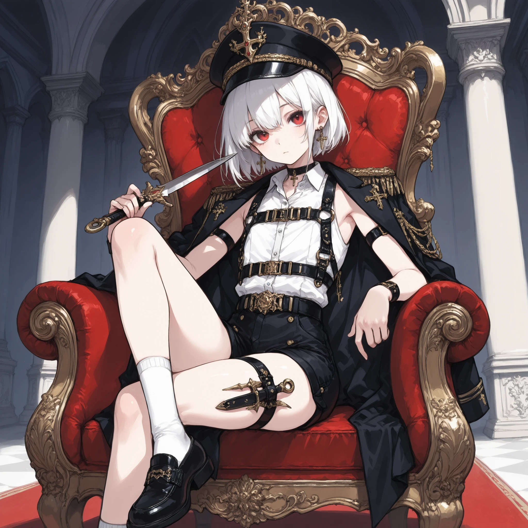 ((Best quality)), ((masterpieces)), (detailed), perfect face, SOLO, ((femboy)), tomgirl, ANIME, beautiful detailed eyes, BOB hair, BOBed hair, white hair, RED EYES, BARE thighs, (((BARE LEG))), ((BLACK short pants)), (((dress shirt))), ((Flat chest)), Choker, (knife thigh strap), (Black General's Uniform), uniform hat, ((general uniform top)), ((sleeveless)), ((harness)), arm straps, general's uniform top draped over the shoulders, expressionless, tight short black shorts, ((Holding dagger)), earring, Royal palace, GREAT HALL, red throne, cross legs, Black shoes and white socks