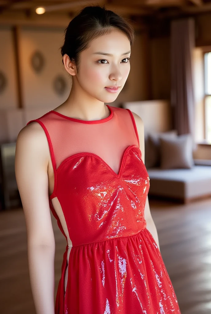 1 person, Caucasian female, 30 years old, slim waist, very tiny breasts, medium thighs, small stomach, long red dress, Brunette, ponytail with split bangs