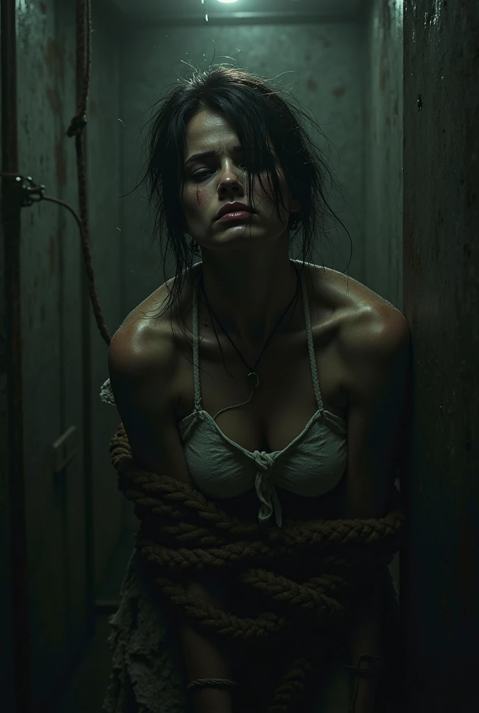 scared girl, in a scary toilet, on her knees, ginger, pigtail, her bra is half undone, horror ambience, gloomy lighting, girl seems scared, she is chained in the wall, girl, small, tiny