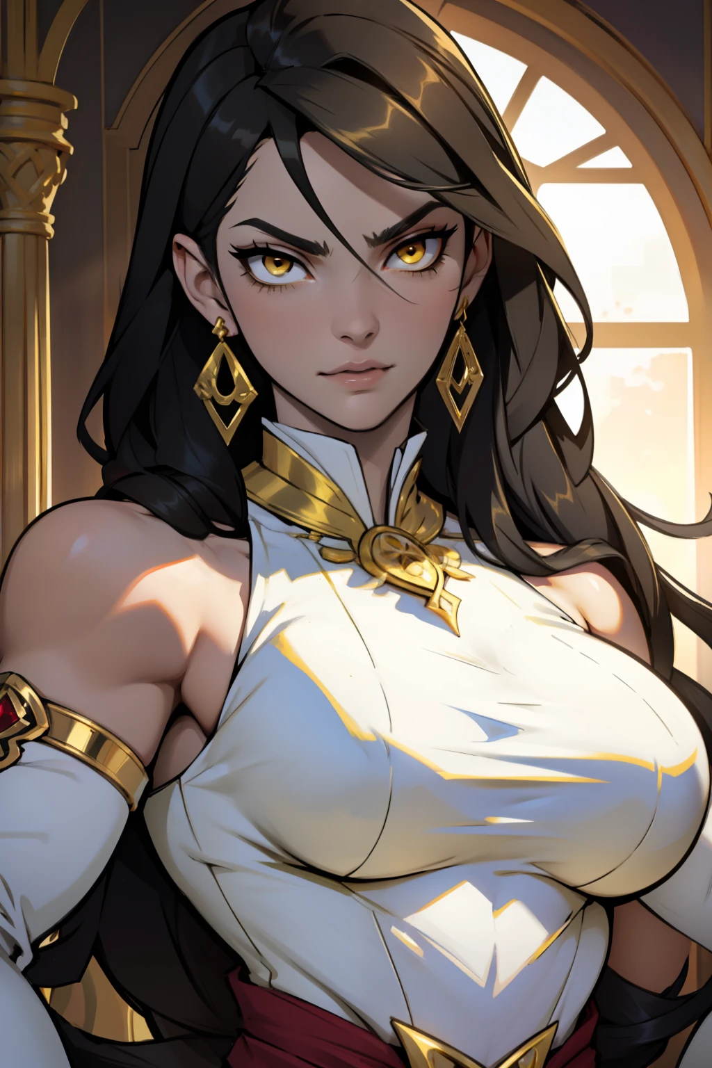 earrings jewelry luxurious fancy gold earrings jewelry luxurious fancy gold black hair yellow eyes pale skin muscular woman large breasts seductive expression