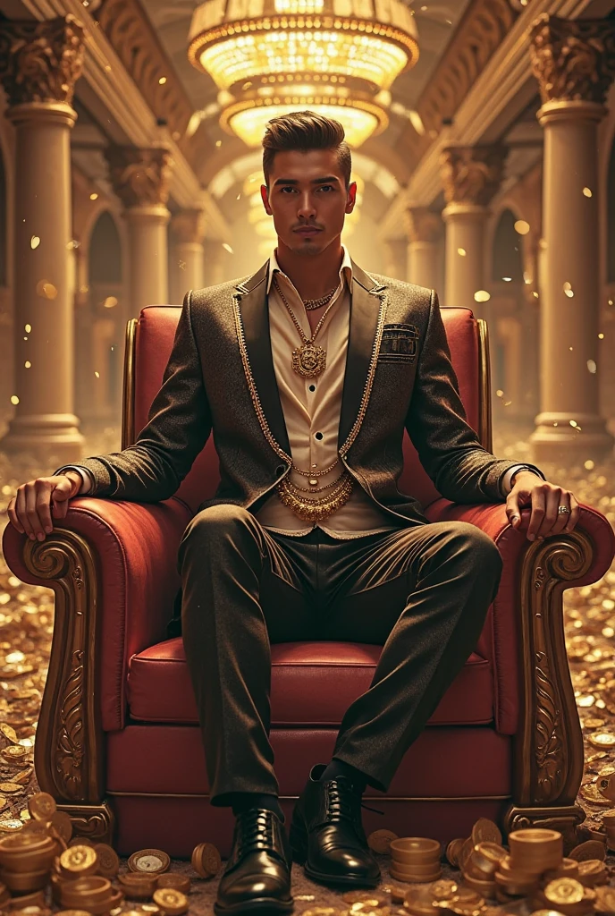 Handsome man, beautiful, white skin, thin, with golden pants and a golden suit on a golden chair with a baton of command without a shirt crossing his legs, sitting on a king's chair with a crown and around him there are displays of objects from some ancient Egyptian museum.