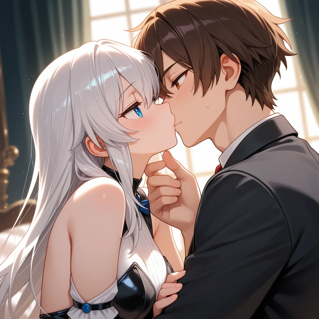 8K、​masterpiece、hight resolution、absurderes、Natural Volumetric Lighting And Best Shadows、Deep Depth Of Field、foco nítido、close up of face、soft delicate beautiful attractive face、(((1 man and 1 girl、Kissing、french kissing)))、Very cute  girl、(Eyes closed)、medium breasts with cleavage,、White off-the-shoulder dress、((open open mouth、Stick out the tongue、Drooling))、Very good looking guy、Men wear butler's uniforms、Hugging each other