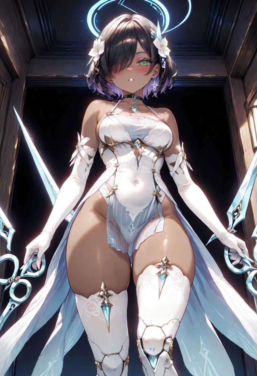 1 girl, , black hair, black hair,short hair, short hair, bangs cover the forehead, hair over one eye, hair covers one eye, hair cover one eye, big green eyes, purple makeup ar eyes, little blushing, little blushing, black choker, big breast, big breast, medium breast, brown skin, brown skin, brown skin, brown skin, seductive face, breasts, bare shoulders, thighhighs, gloves, elbow gloves, see-through, white thighhighs, white femenine boots, medium breasts, loslyn clothes, scolding the viewer, scolding the viewer, dinamic pose, technological cosmetic horn on the hair, technological cosmetic on the hair, technological cosmetic on the hair, technological giant scissors as a weapon, technological giant scissors as weapons in the hands, technological giant scissors as a weapon, technological giant scissors as weapons in the hands, technological giant scissors as a weapon, technological giant scissors as weapons in the hands, technological giant scissors as a weapon, technological giant scissors as weapons in the hands, Giant scissors emanate ice power, Giant scissors emanate ice power, view from below, view from below,