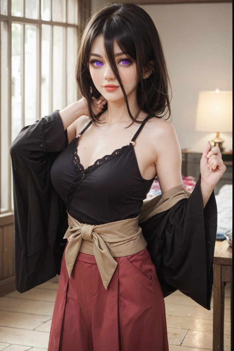 absurdres, 8k, 4k, masterpiece, hyper extreme detailed:1. 2), solo, 1girl, front view, perfect face, 1girl, portrait, expressive eyes, looking at viewer, solo, brown eyes, standing, mature woman, pale, long black hair, casual clothes, adult, looking forward, front view, confident, cautious, rational, wind, swept fringes, mature body, tomboy, adult, black nails, grey trousers, jacket, baseball cap, shoulder strap, braces, ayuzawa_misaki. Housekeeper, adult, medium bust, long hair, long black hair, graphic t-shirt, half body, cowboy photo, bedroom background, bondage, tied up, restrained, shibari, gagged,