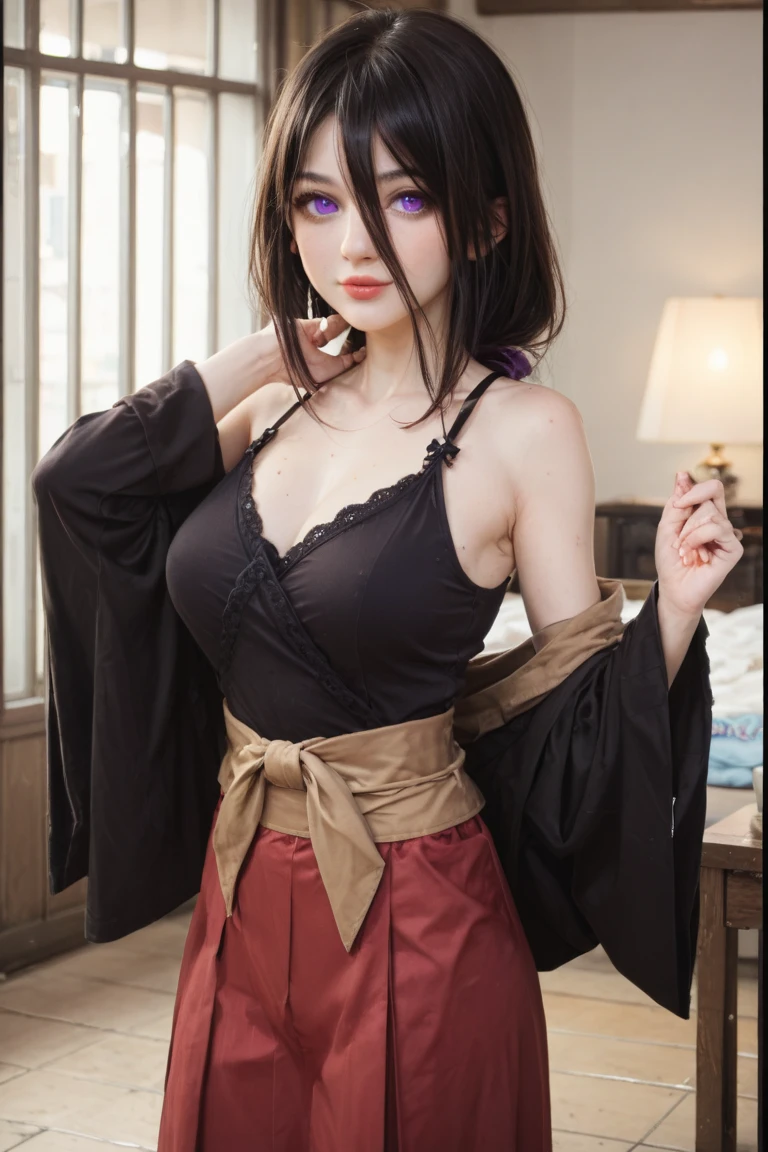 table top, highest quality, One girl, (beautiful girl:1.3), (28 years old:1.3), very fine resolution, (symmetrical eyes:1.3), night view, Foliage plant, sitting on the bed, (Big ribbon on the chest, wrap the ribbon around your body:1.5), (good, panties:1.2), beautiful breasts, big breasts, valley, parted bangs, girl、view from the side