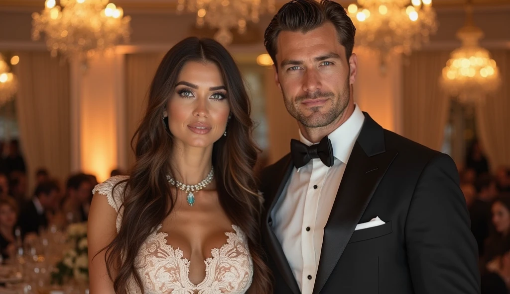 Quality: 1.3), Beautiful lady in black sexy gown, Husband-wife moment, Romantic, Handsome billionaire, Intimate embrace,Multiply lights, Dimly lit room, Soft focus, Her long waves cascading over his broad shoulders, His strong arms wrapped around her waist, Her gown clinging to her curves, His suit impeccably tailored, Detailed facial expressions revealing deep emotion, Relaxed body language showcasing comfort and intimacy, Passionate look in her eyes reflecting love and adoration, His charming smile radiant with happiness, Close up shots capturing every detail, Emotional connection between the couple palpable, Detailed background with subtle