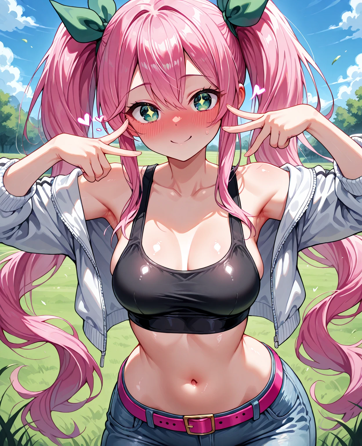 Cute girl, pink hair, pigtails, green eyes, smile, tight white shirt with short sleeves, big breasts, exposed stomach, short pants