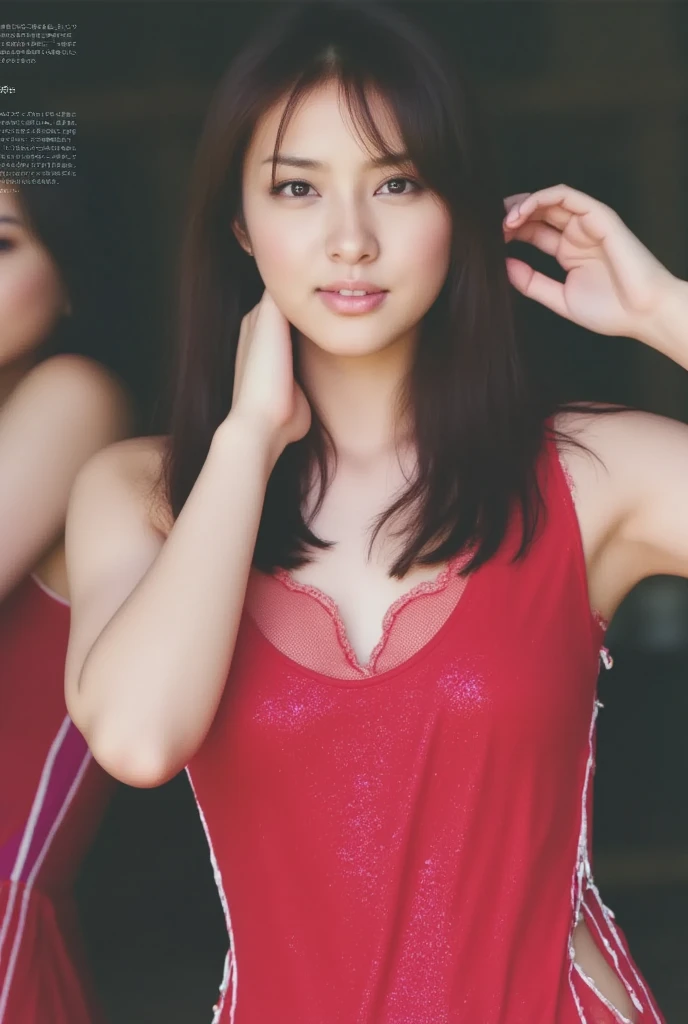 solo, shirt, red dress, full_body, look_at_viewer, (8k, RAW photo, best quality, masterpiece:1.2), (realistic) <lora:ShimazakiH:0.8>, ShimazakiH