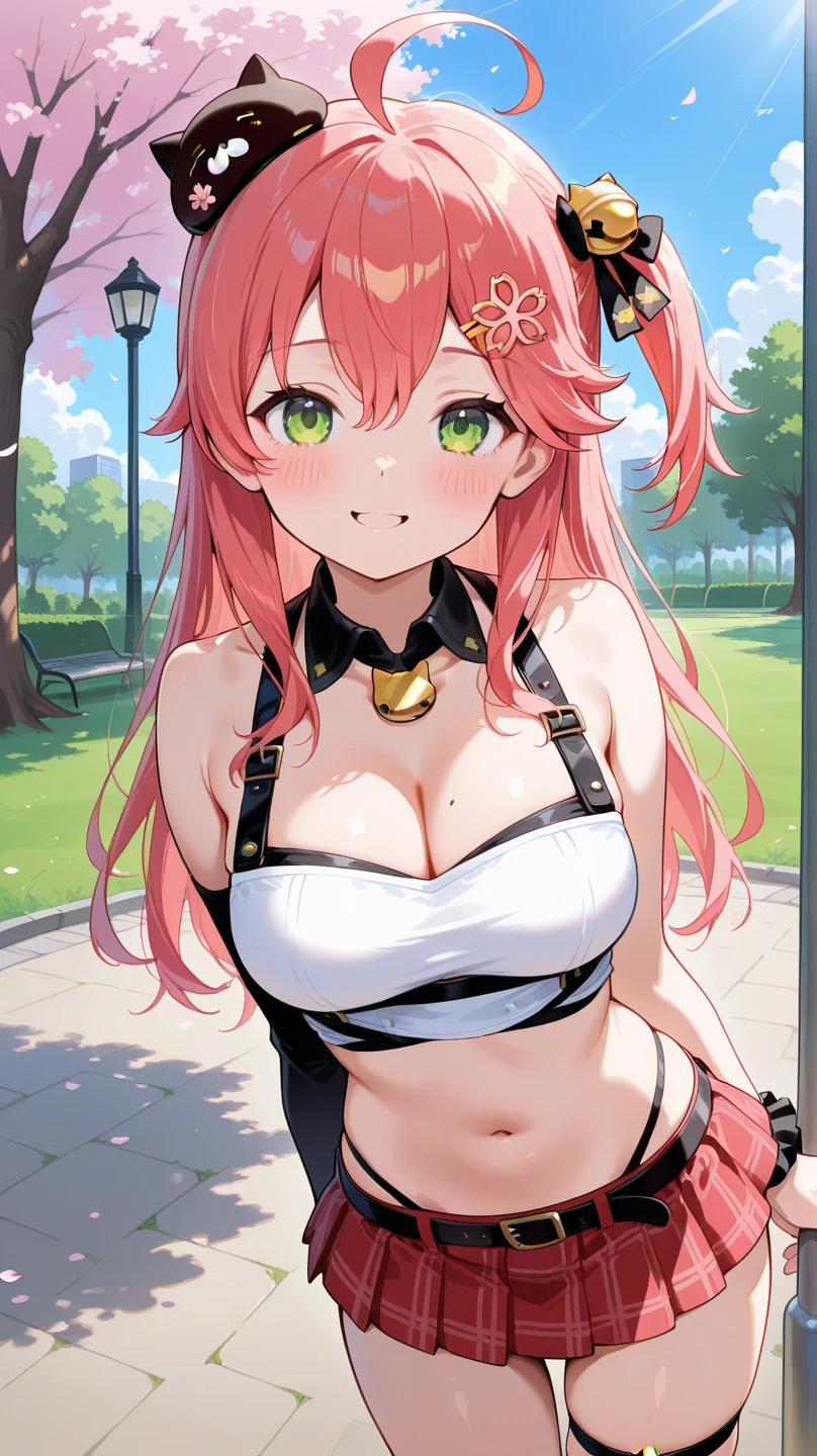 realistic image, coherent image, detailed image, 1 beautiful woman. She has pink hair, long hair. Her eyes are purple, long eyelashes, fox ears. Her face is oval and delicate, smiling. She is wearing a short-sleeved off-the-shoulder t-shirt, showing her navel, a white pleated mini skirt, a thin thong, and sneakers. She has a curvy body, medium breasts, thick thighs. background of a Taoist tempo, surrounded by a field of flowers, natural lighting, volumetric lighting,