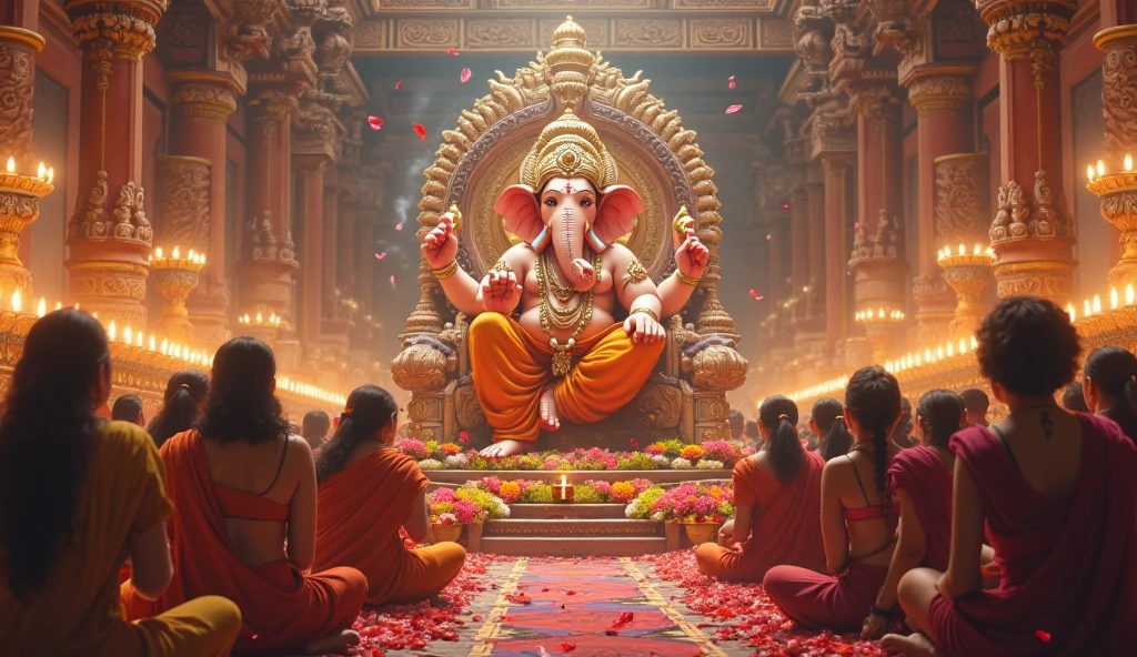 An image of devotees placing a beautifully crafted Ganesh idol at home during an auspicious time, with traditional decorations in the background. Add highlights yellow and red color text shaktidham jyotisha