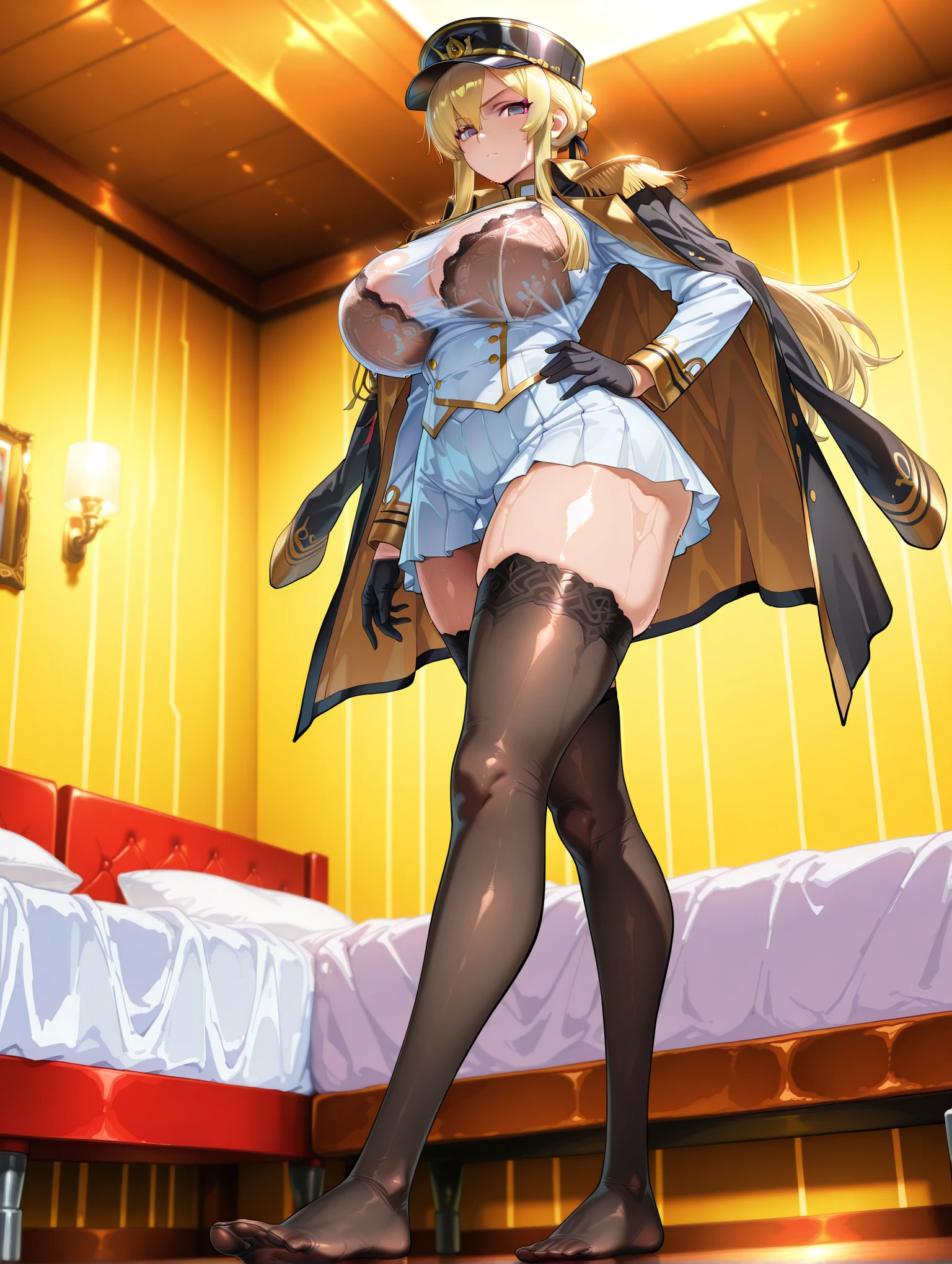 (SFW:1.5), Lying, bed, Open crotch, Dettol, Spread legs, show armpit, Downge-out, large breasts, (masterpiece), can wear skirt or shorts, long stockings or pantyhose, large breasts, clothed,