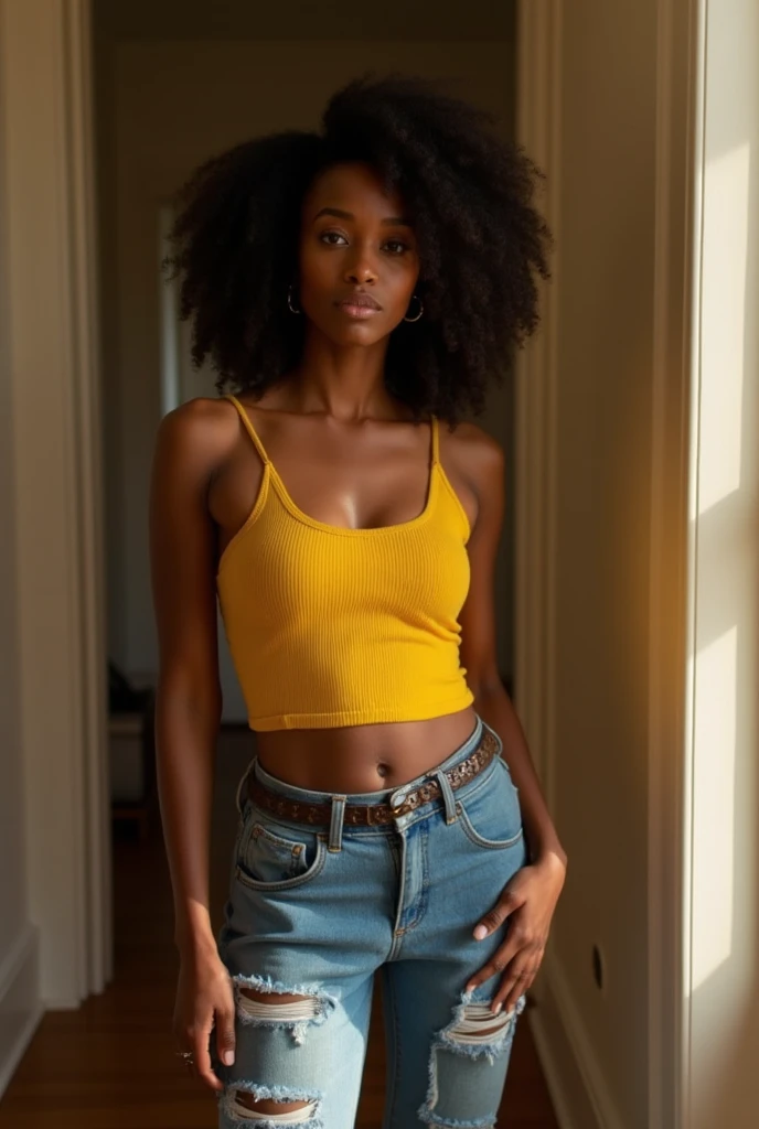 A very tall african american girl with long curly hair, crop top, and shorts gets ready to go to sleep.