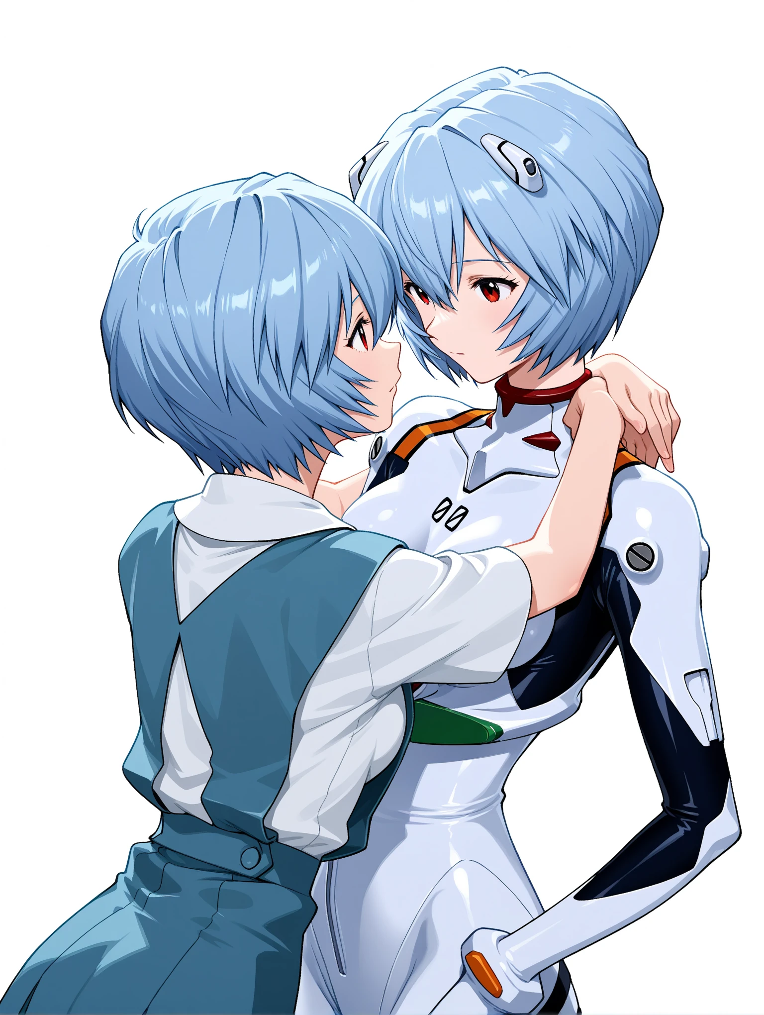 (mother and daughter, age_difference,size_difference), listening to the heartbeat , hugging each other, , masterpiece, best quality, very aesthetic, absurdres, ,Ayanami Rei,white bodysuit,red eyes,pilot suit,short hair,blue hair,bangs,interface headset,turtleneck,hair between eyes,in kitchen,blur background,background defocus,
