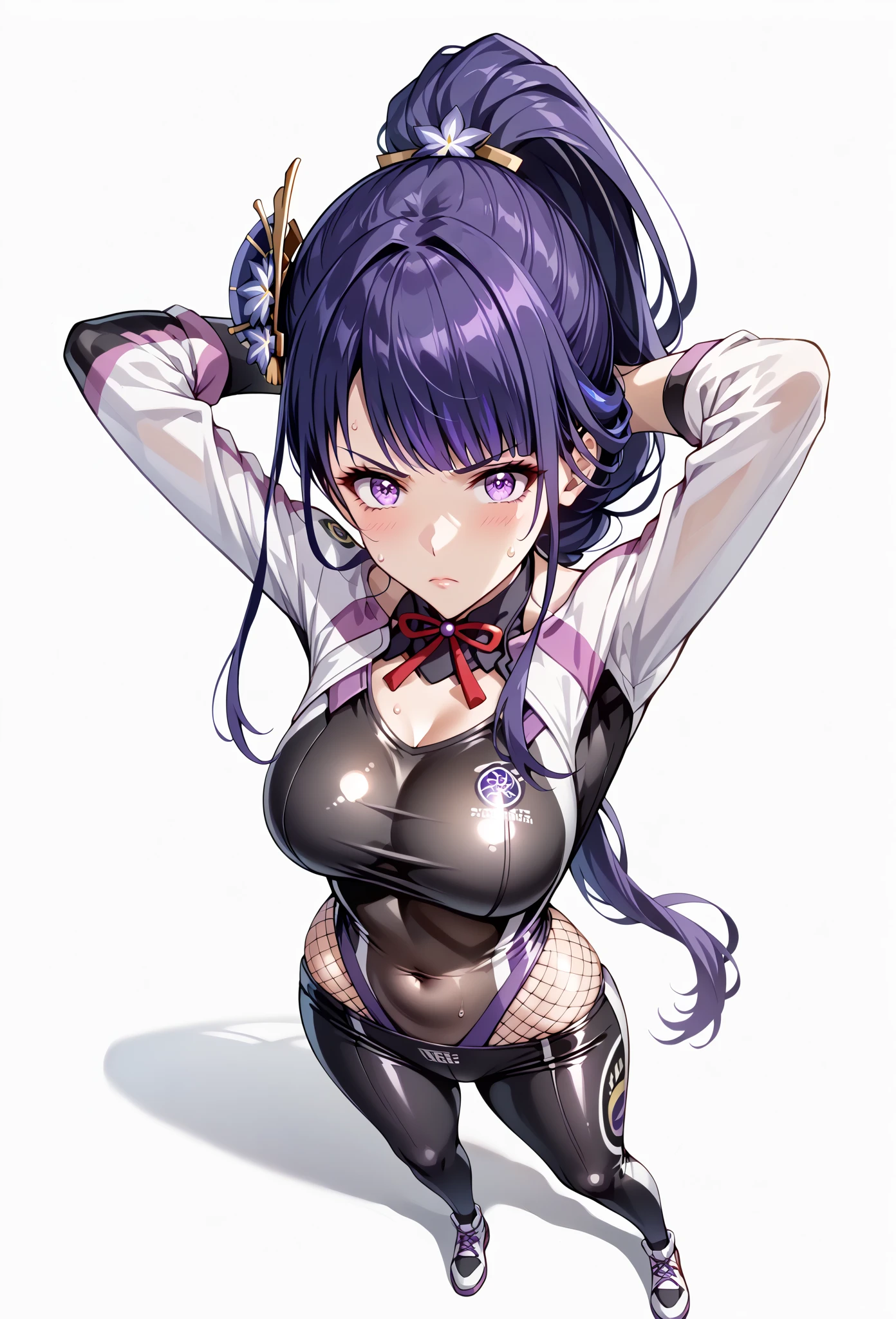 1girl, white background, red eyes, long hair, purple hair, bangs, jacket, crop top, mini skirt, large breasts, cleavage, soft stomach