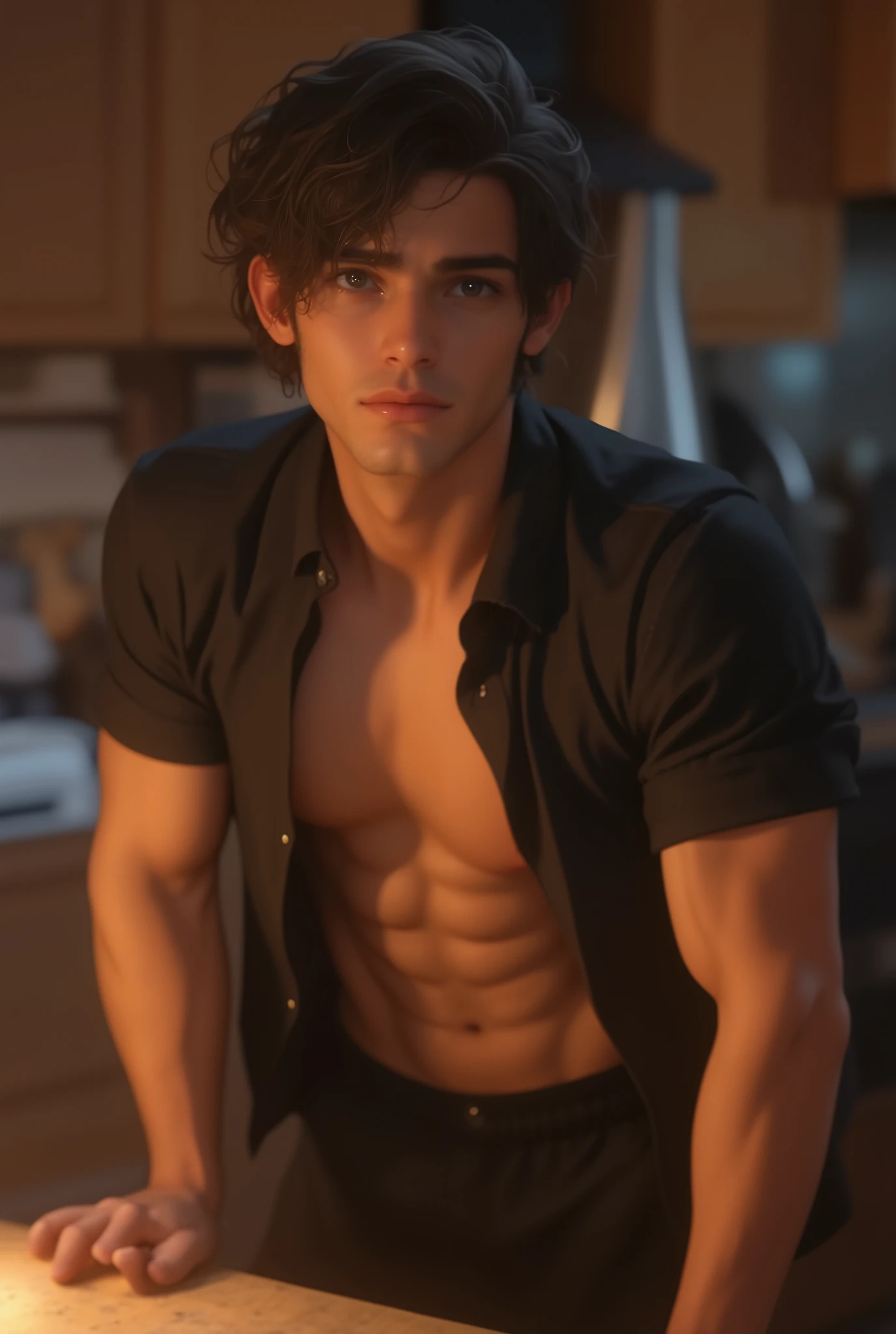 naughty man, dark-skinned, 1.70, Scrawny, bonitas, funk cafuçuc, wearing no shirt, shorts in blue, near a dining table, drlight smile, no fur, sensuous, carioca ethnic group from the hills, shorth hair, latina skin